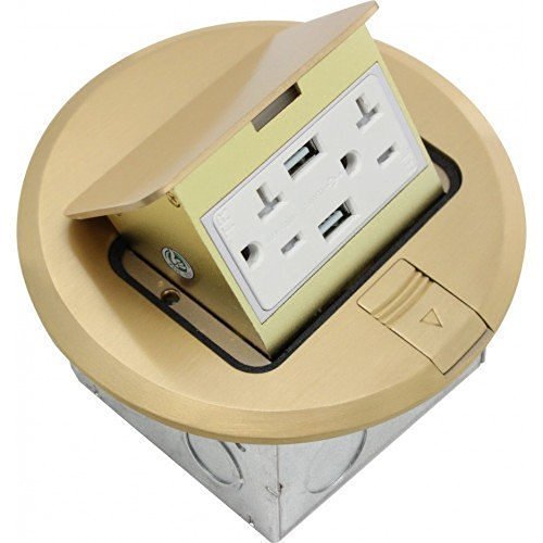 FLBPU-DU-R-BR Round Pop-Up Floor Box - Brass Electrical Outlet Cover for Home & Office - Durable Floor Receptacle for Power & Data Cables - Ideal for Conference Rooms, Living Rooms & Commercial Spaces