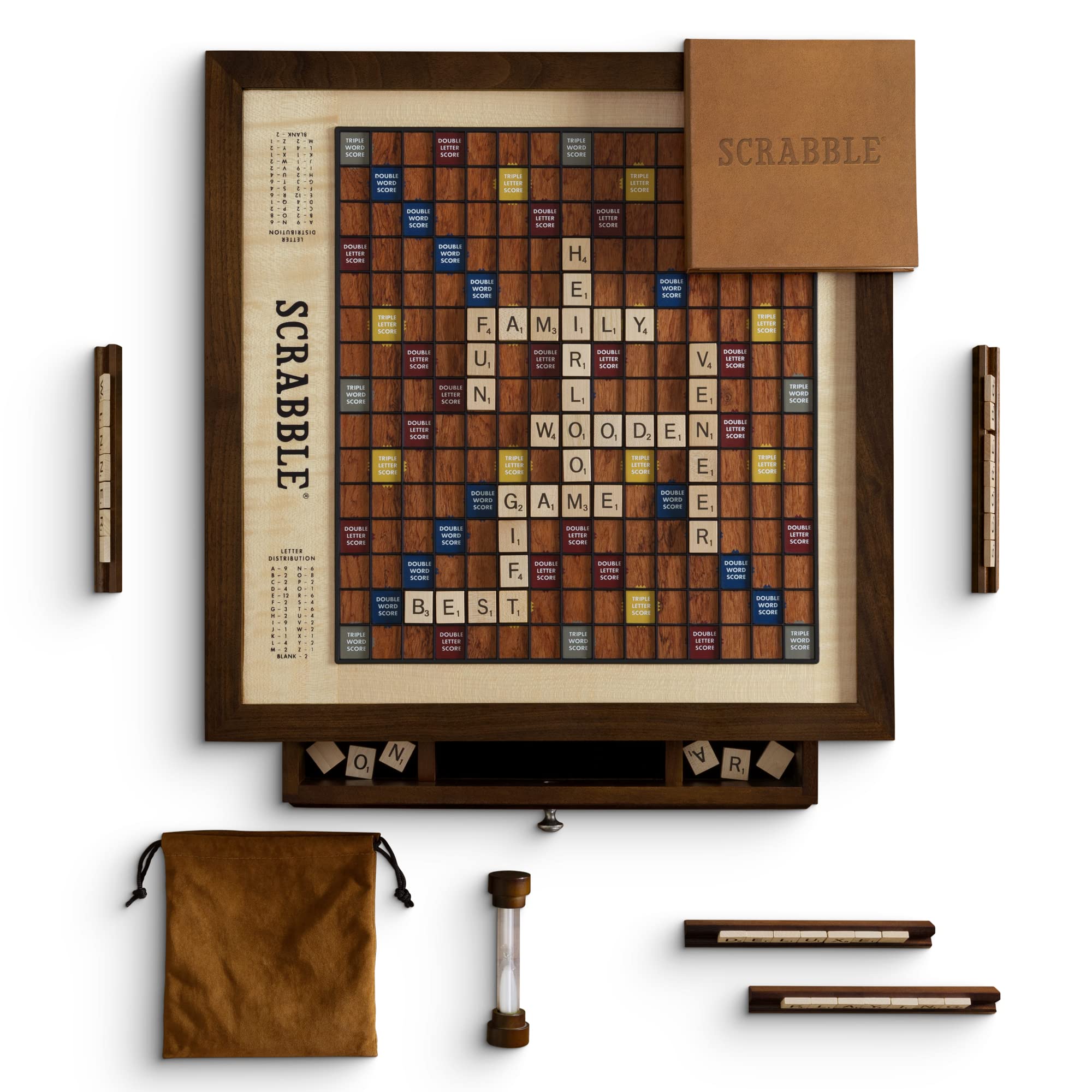 Premium Scrabble Heirloom Edition - Rotating Walnut Cabinet for Game Nights