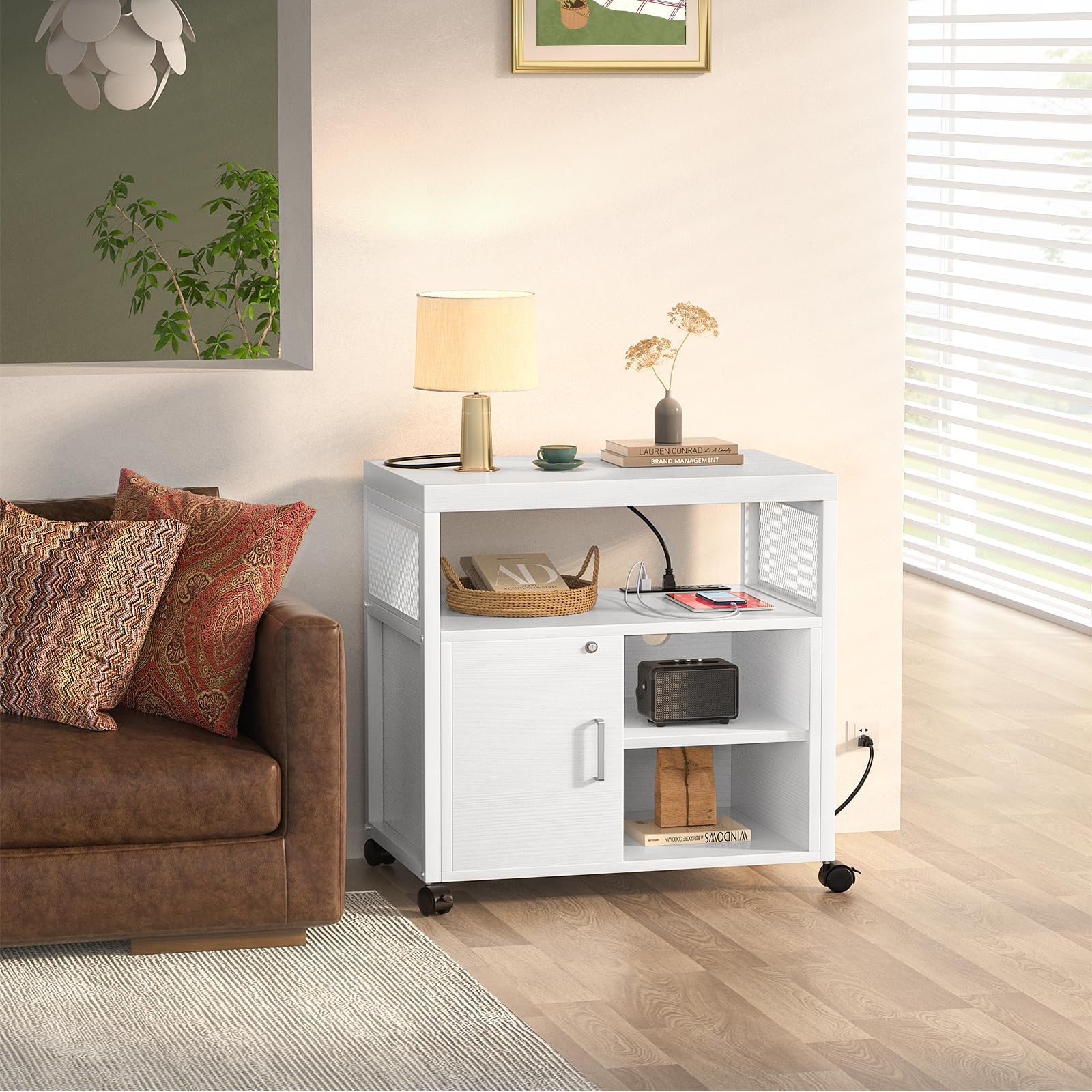 Unikito Rolling File Cabinet with USB Charging Port - Lockable Lateral Office Filing Cabinet with Wheels, Modern Printer Stand with Door & Open Storage - White | Perfect for Home Office, Small Business & Workspace Organization