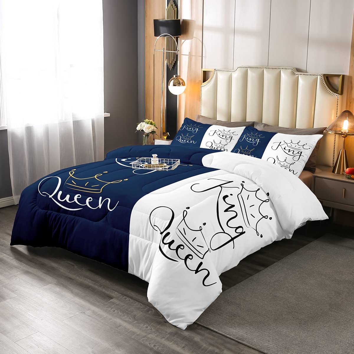 Blue and White Patchwork Down Comforter Set - Queen & King Size Bedding for Kids, Boys & Girls - Hand-Drawn Sketch Design with 1 Comforter & 2 Pillowcases - Cozy Bedroom Decor for Winter Nights & Guest Rooms