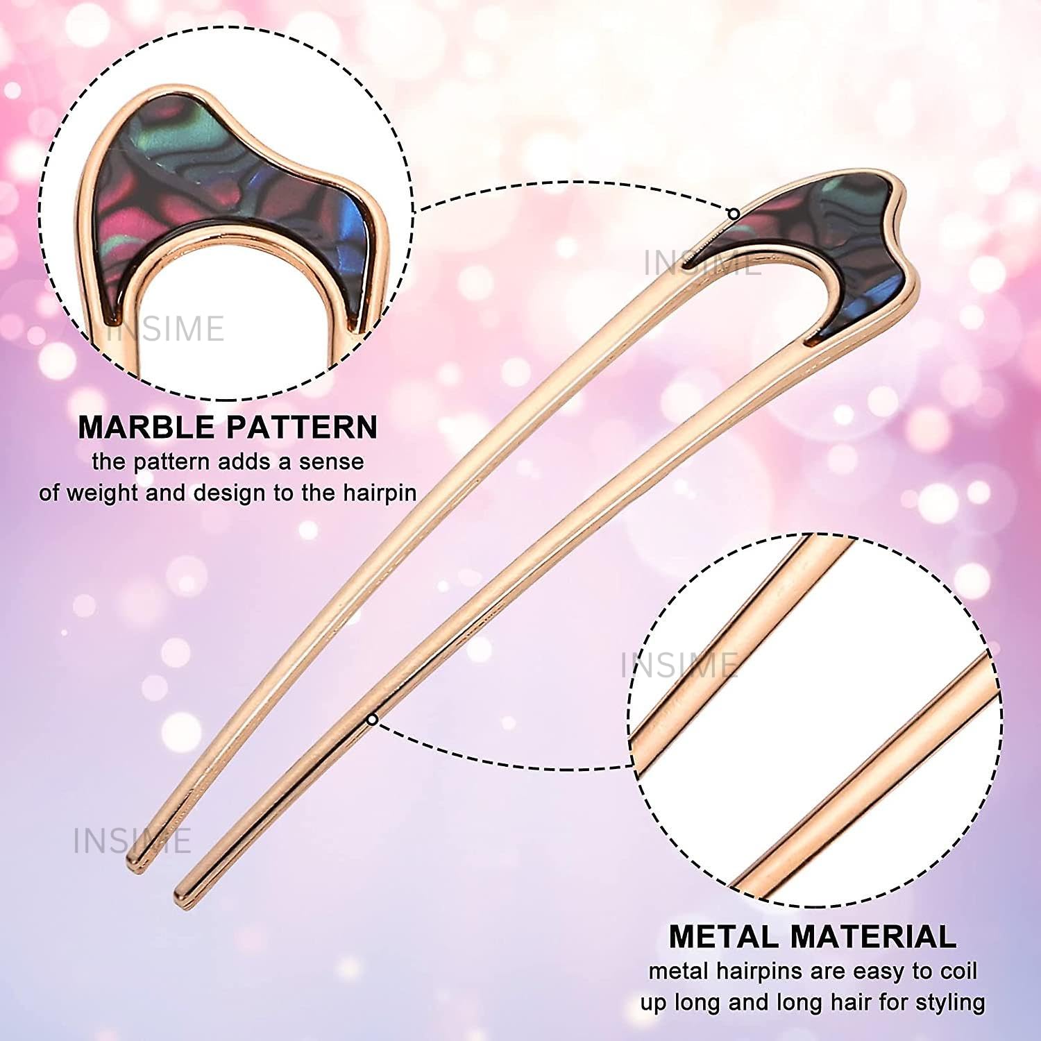 INSIME Elegant Marble Hair Stick for Women - 4 Pack Premium Metal Hair Bun Sticks with Stylish Design for Updos, Buns & Special Occasions