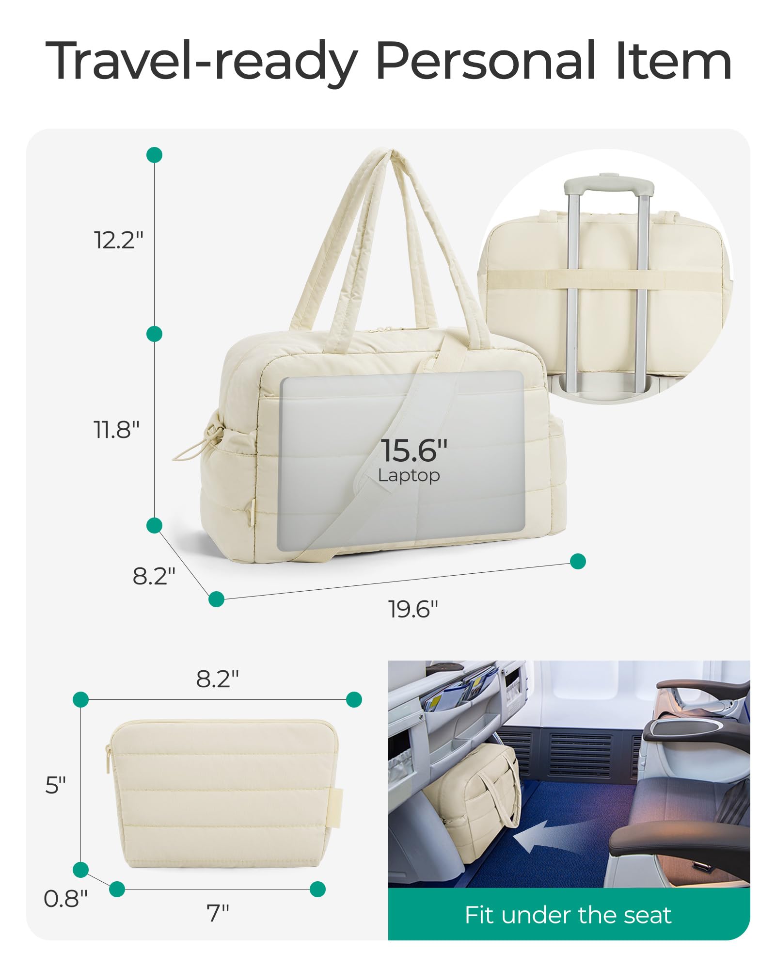 BAGSMART 31L Quilted Puffer Tote Bag - Women's Travel Duffle Bag, Gym Bag & Laptop Carry-On with Organizer | Perfect for Weekender Trips, Overnight Stays & Workouts (Beige)