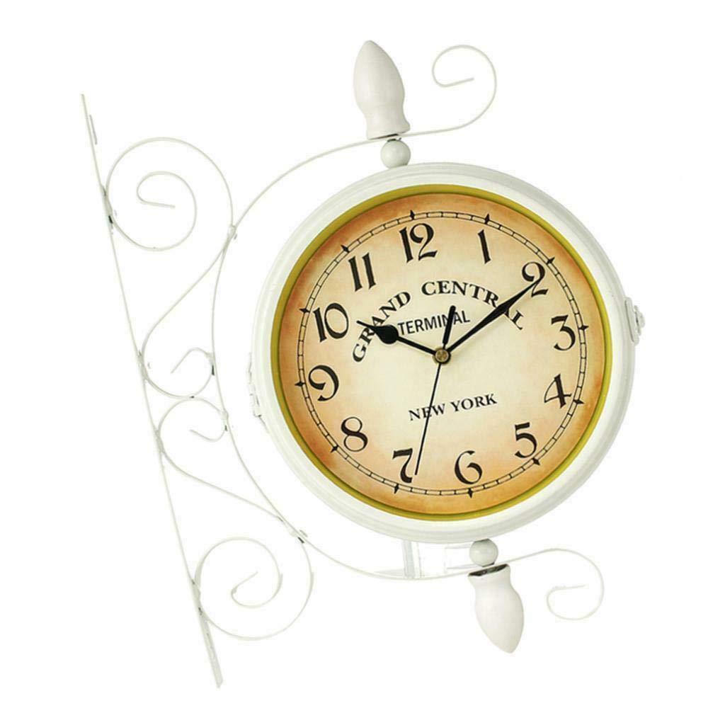 Vintage Double Sided Silent Wall Clock - White Railway Station Style Home Decor for Living Room, Bedroom & Office