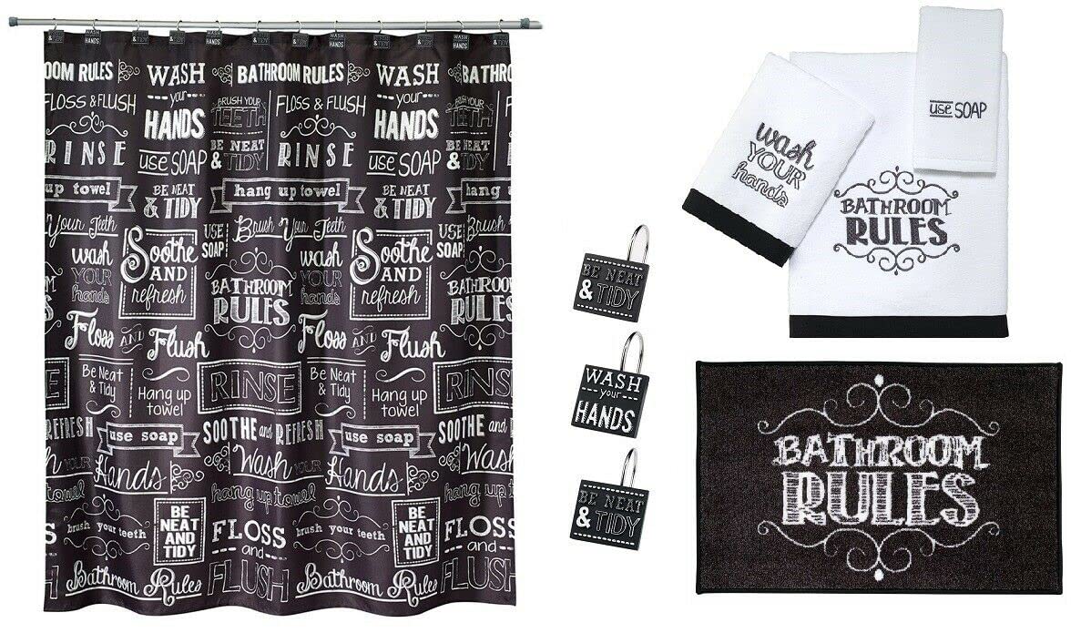 Avanti Linens Chalk It Up 6-Piece Bathroom Set - Black & White Shower Curtain, Hooks, Rug, Bath Towel, Hand Towel & Finger Tip Towel | Complete Modern Bathroom Decor for Home & Guest Rooms
