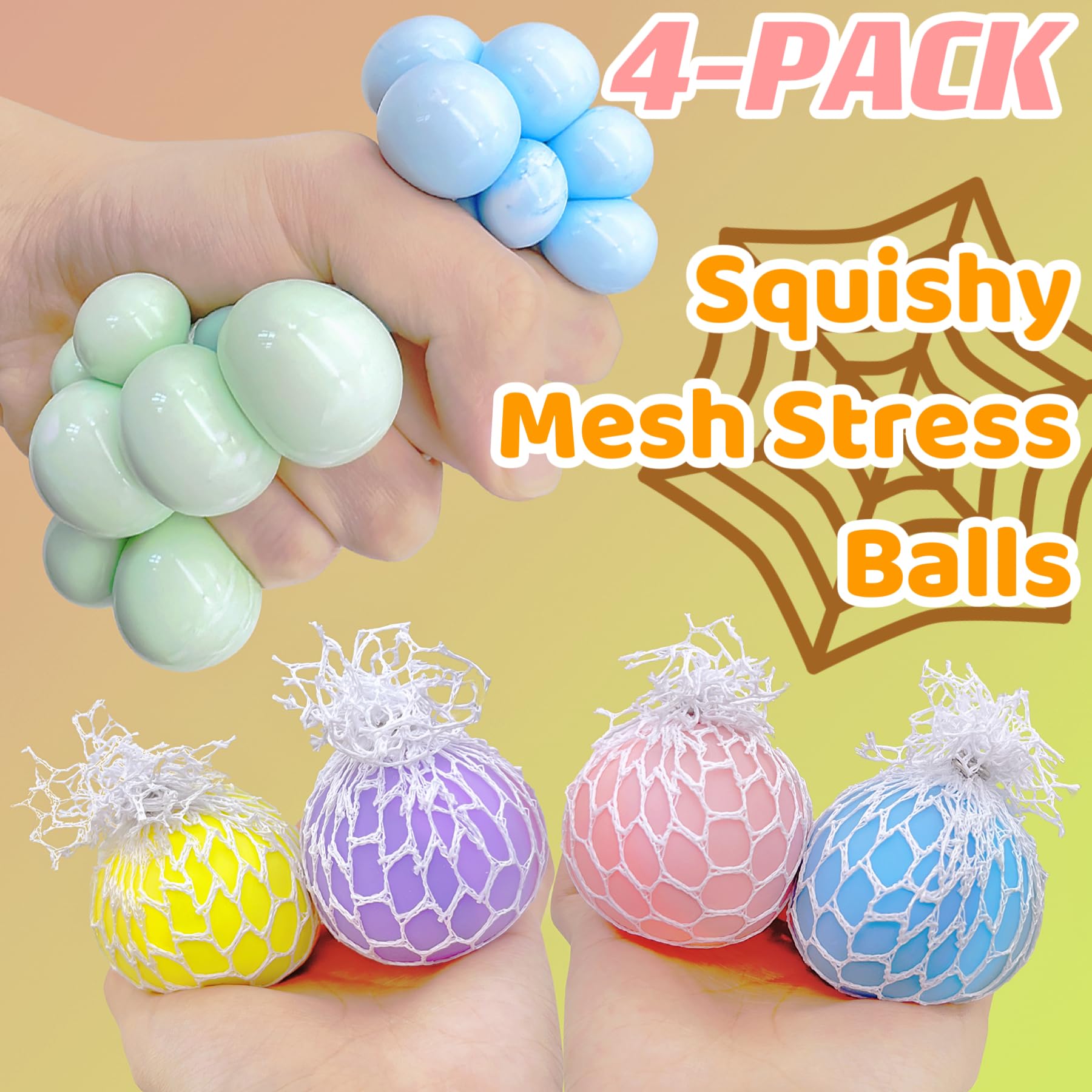 **4-Pack Mesh Grape Stress Balls for Kids & Adults - Squishy Fidget Toys for Autism Sensory Relief, Anxiety & Stress, Party Favors for Ages 8-12 (Great for Classrooms, Offices & Travel)**