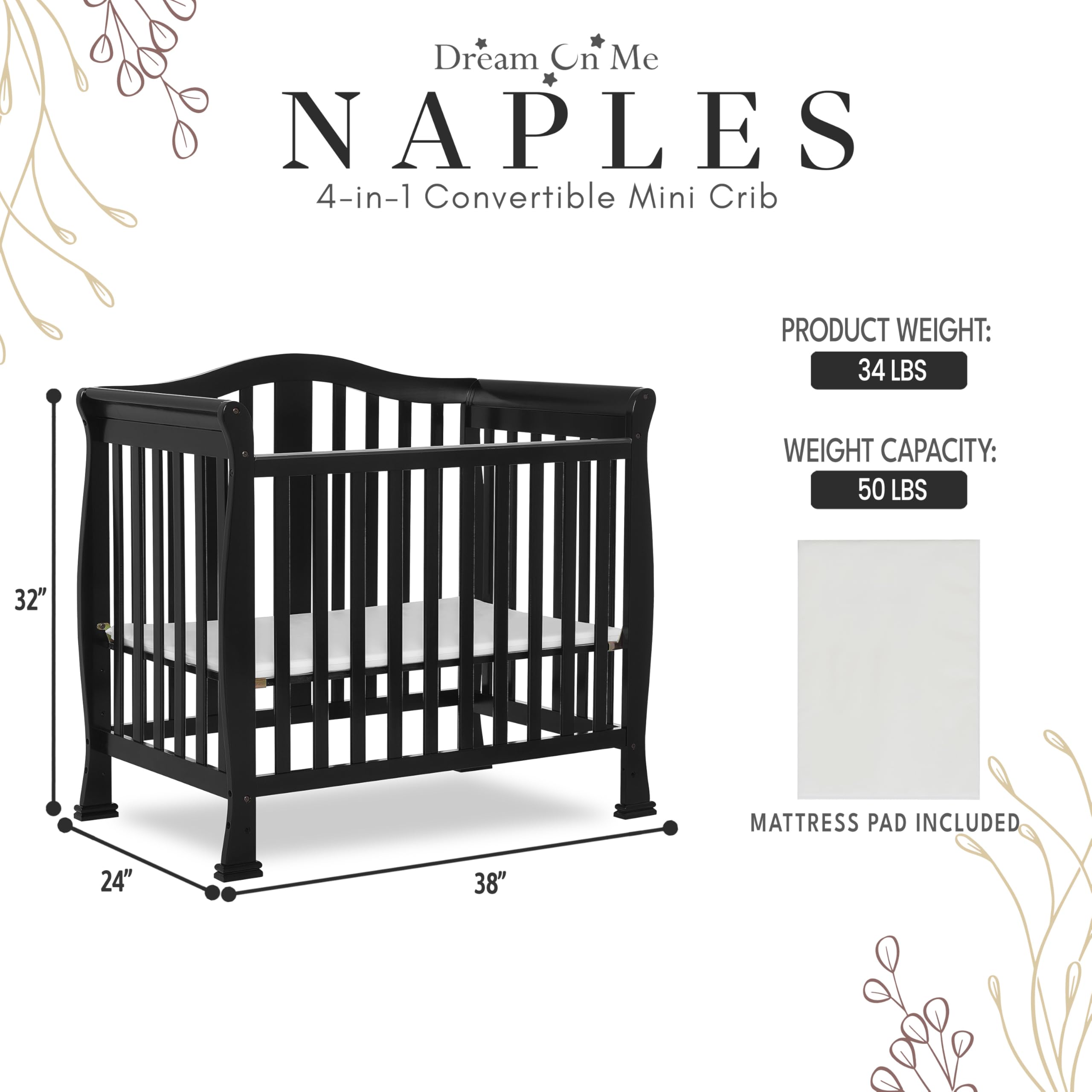 Dream On Me Addison 4-in-1 Convertible Mini Crib - Black | Greenguard Gold Certified | Non-Toxic New Zealand Pinewood | Includes 1