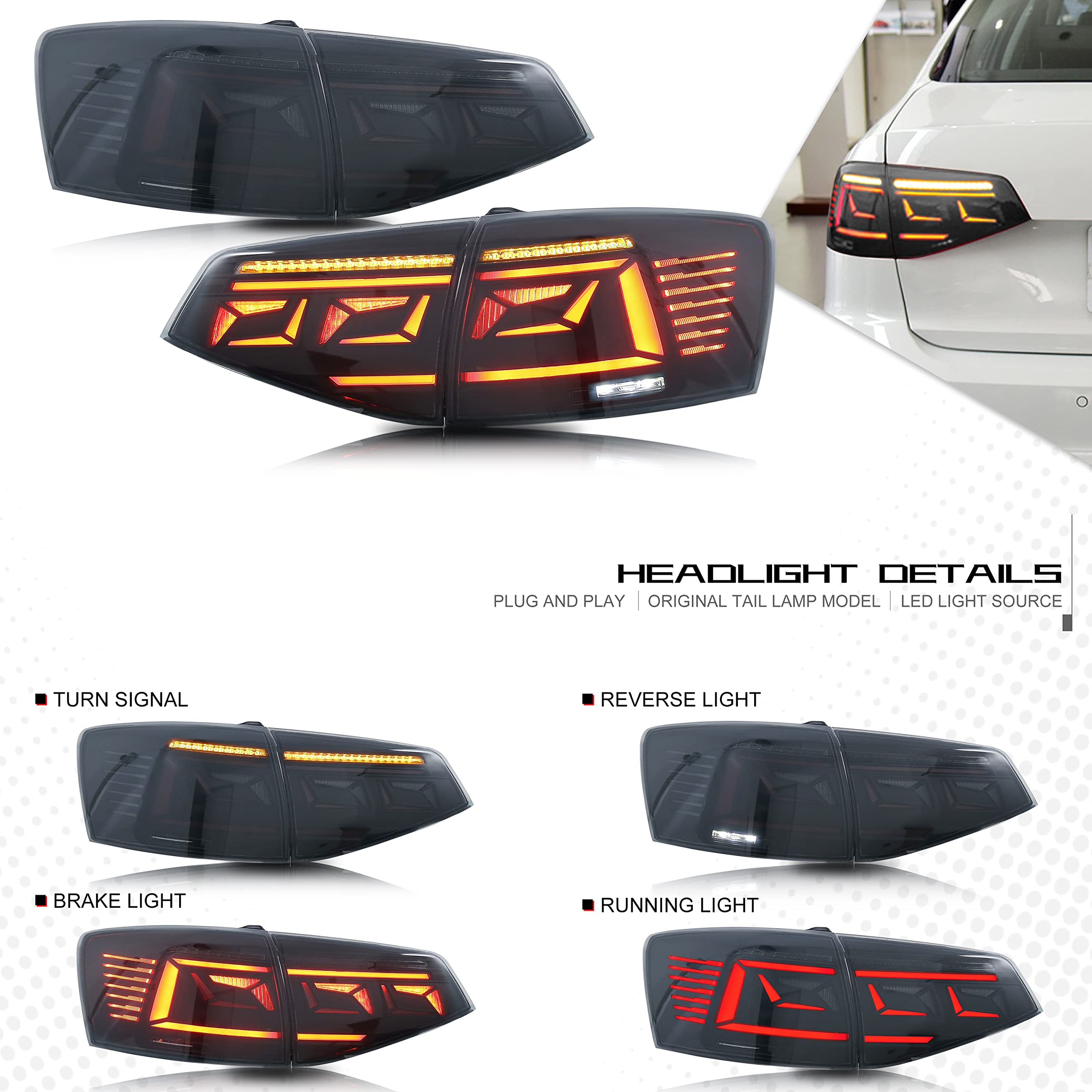Ingenuity Time LED Tail Lights for Volkswagen Jetta 2015-2018 - Smoked Rear Lamp Assembly with Startup Animation & Sequential Turn Signals - Perfect for Night Driving and Custom Car Upgrades