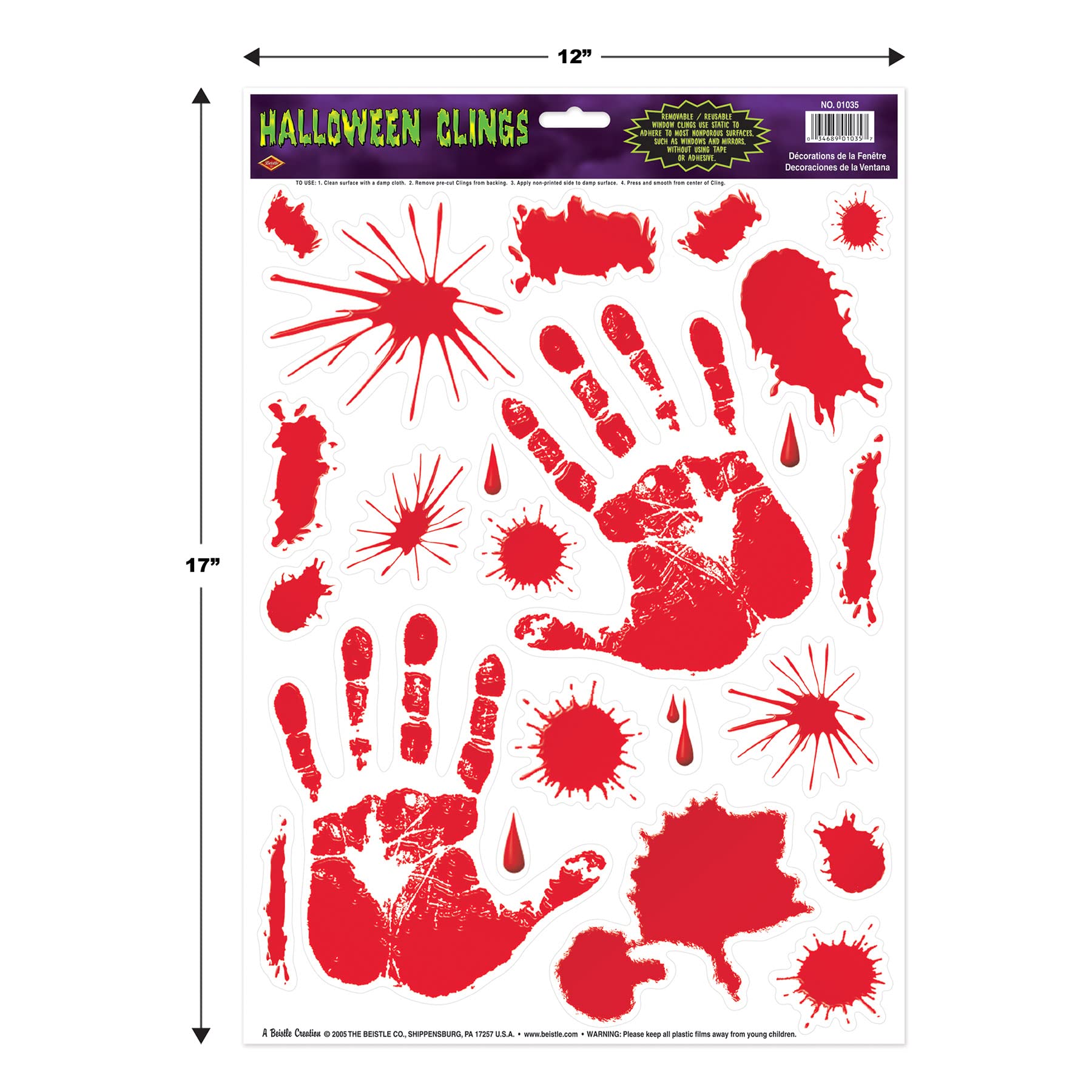 Beistle Bloody Handprint Window Clings - Halloween Decoration for Windows, Doors & Walls - Scary Red Hand Prints for Spooky Party Decor