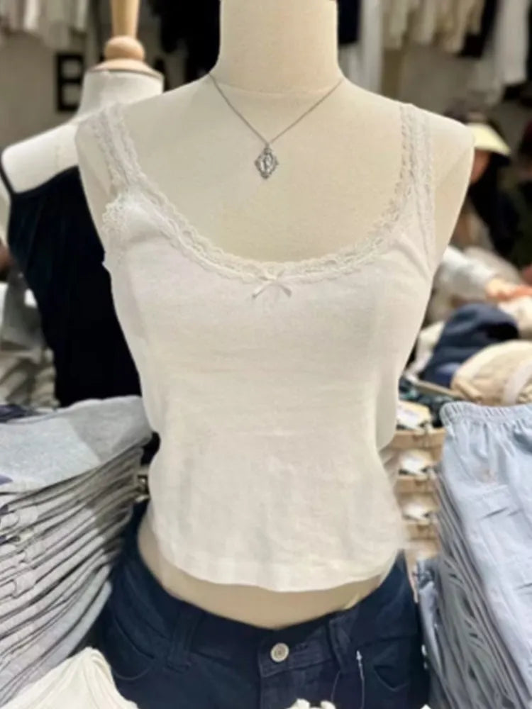 Women's Casual Soft Cotton White Bow Tank Top - Vintage Summer Sleeveless Blouse with Lace Trim & O-Neck Design | Perfect for Beach Outfits, Date Nights & Boho Fashion