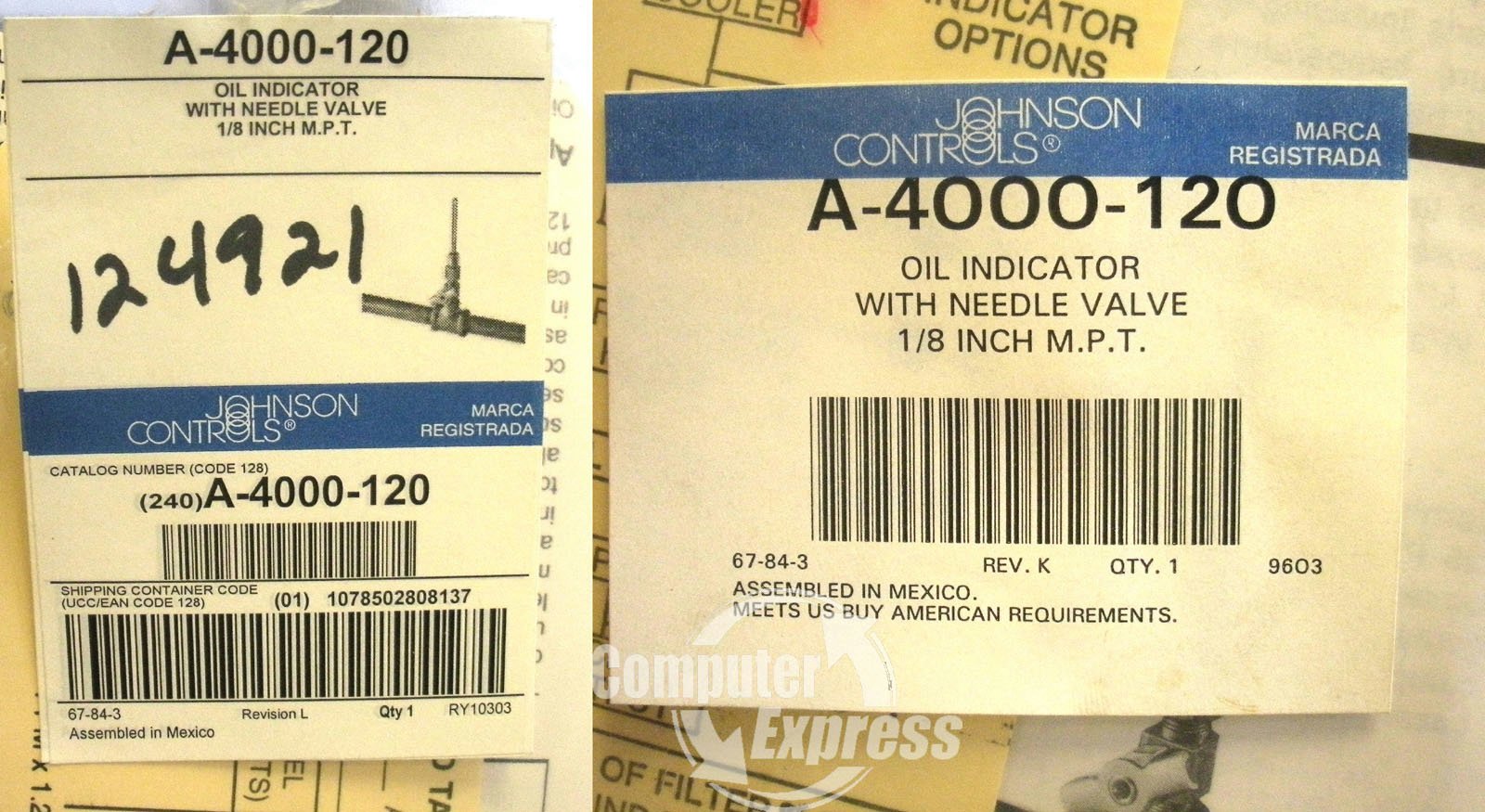 Johnson Controls A-4000-120 Oil Level Indicator with Needle Valve - HVAC System Monitoring for Industrial Equipment and Machinery