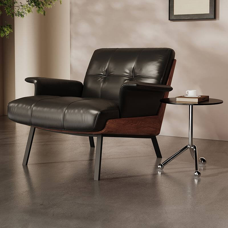 Ivory & Black Genuine Leather Tufted Armchair with Stitched Foam Cushion, Padded Backrest & Sturdy Wooden Legs - Elegant Living Room Seating for Home Office, Lounge & Reading Nook