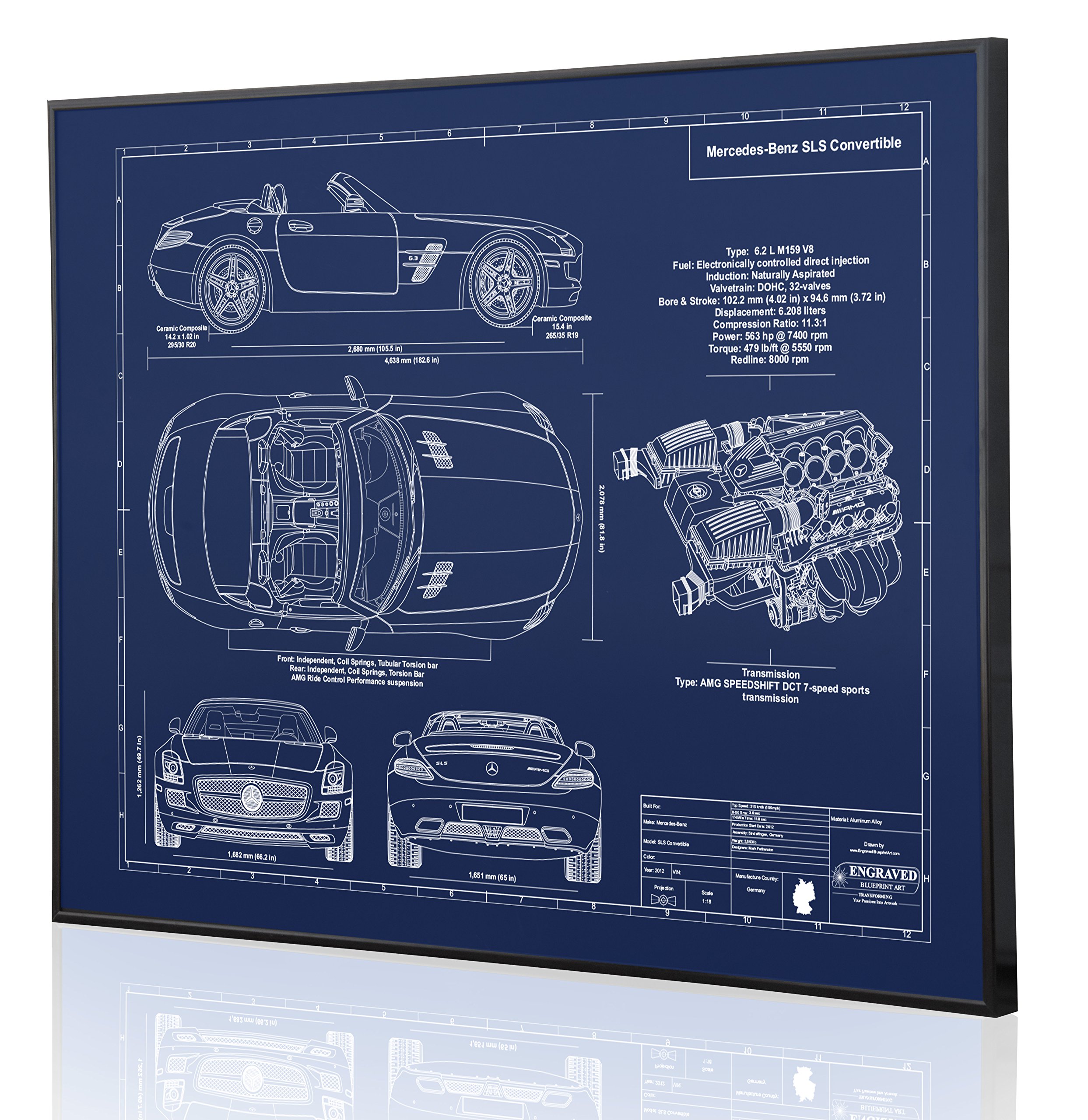 Mercedes-Benz SLS Convertible Blueprint Art Print - Laser Engraved Personalized Car Gift for Men - Home Office Wall Decor & Auto Enthusiast Present