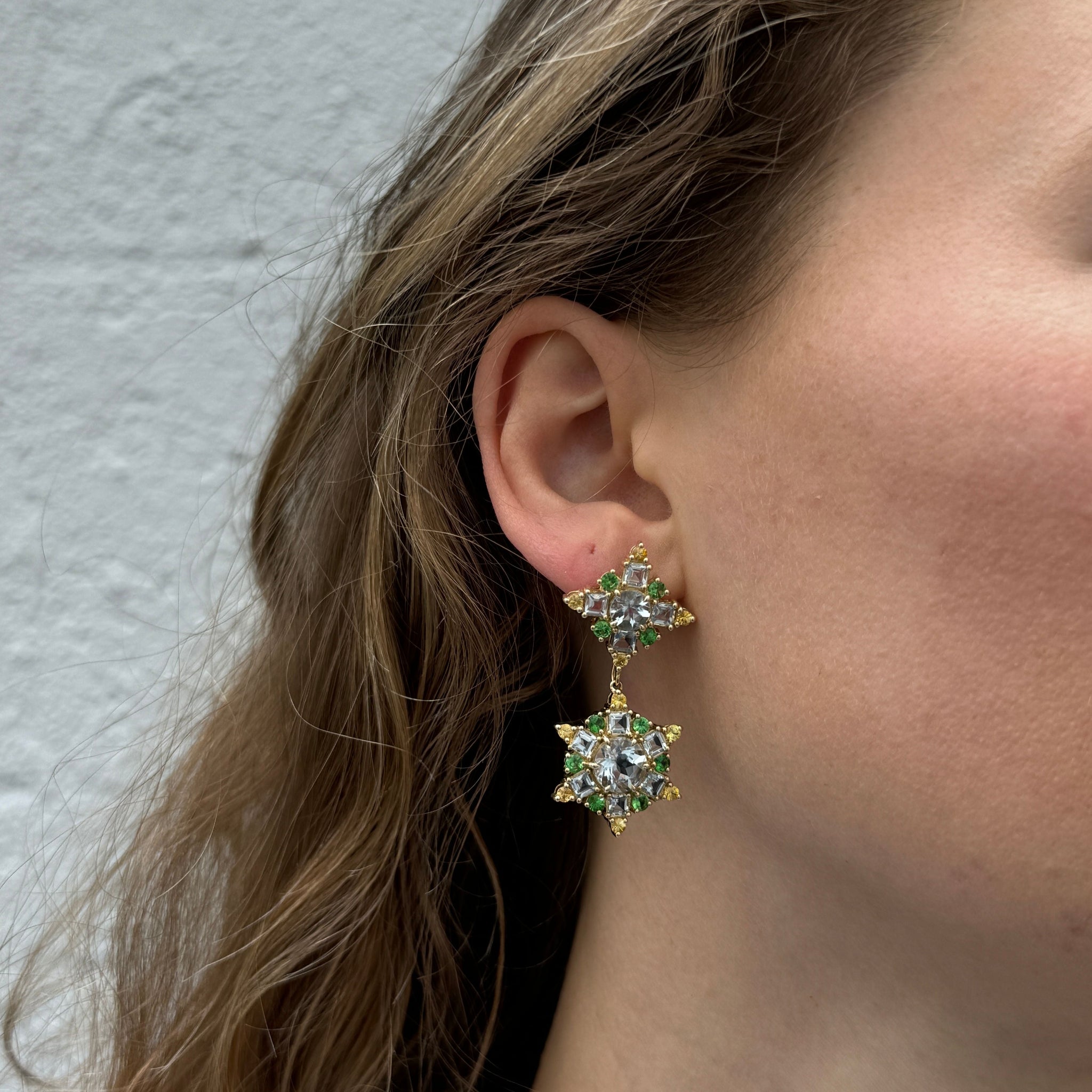 14K Gold Detachable Drop Earrings with Aquamarine, Tsavorite & Yellow Sapphire - Elegant Jewelry for Weddings, Parties & Special Occasions