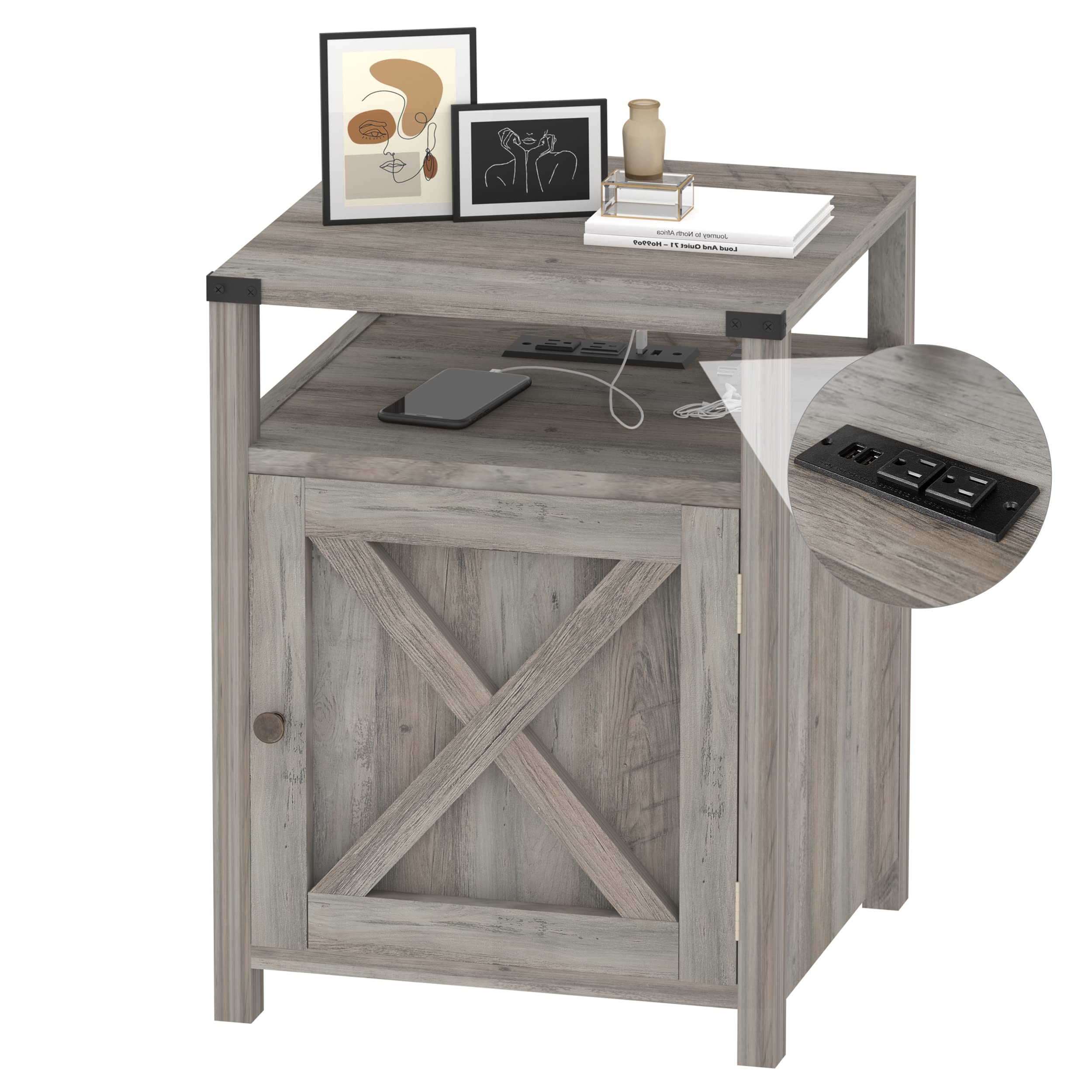 Rustic Farmhouse Nightstand with Charging Station & USB Ports - Industrial Grey Bedside Table with Storage for Bedroom, Living Room | Perfect as End Table, Night Stand with Convenient Outlets for Phones & Lamps
