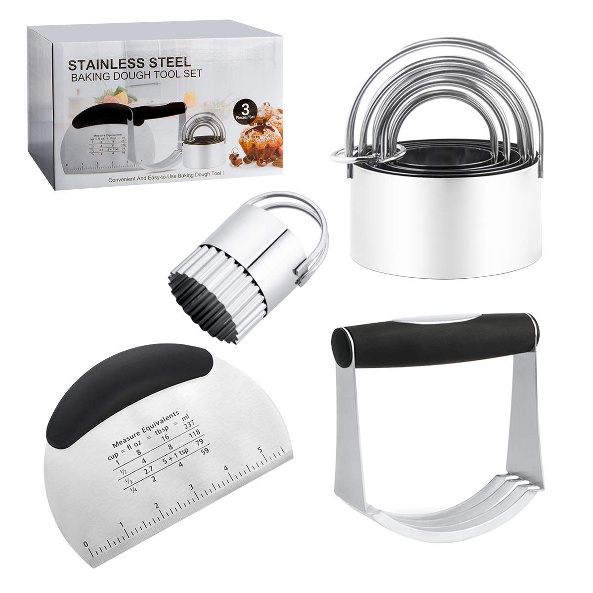 Professional Stainless Steel Biscuit Cutter Set - 5 Round Cutters + Dough Blender & Pastry Scraper | 3-in-1 Heavy Duty Baking Tools for Cookies, Pastries & Pies | Perfect for Home Kitchen & Commercial Bakeries
