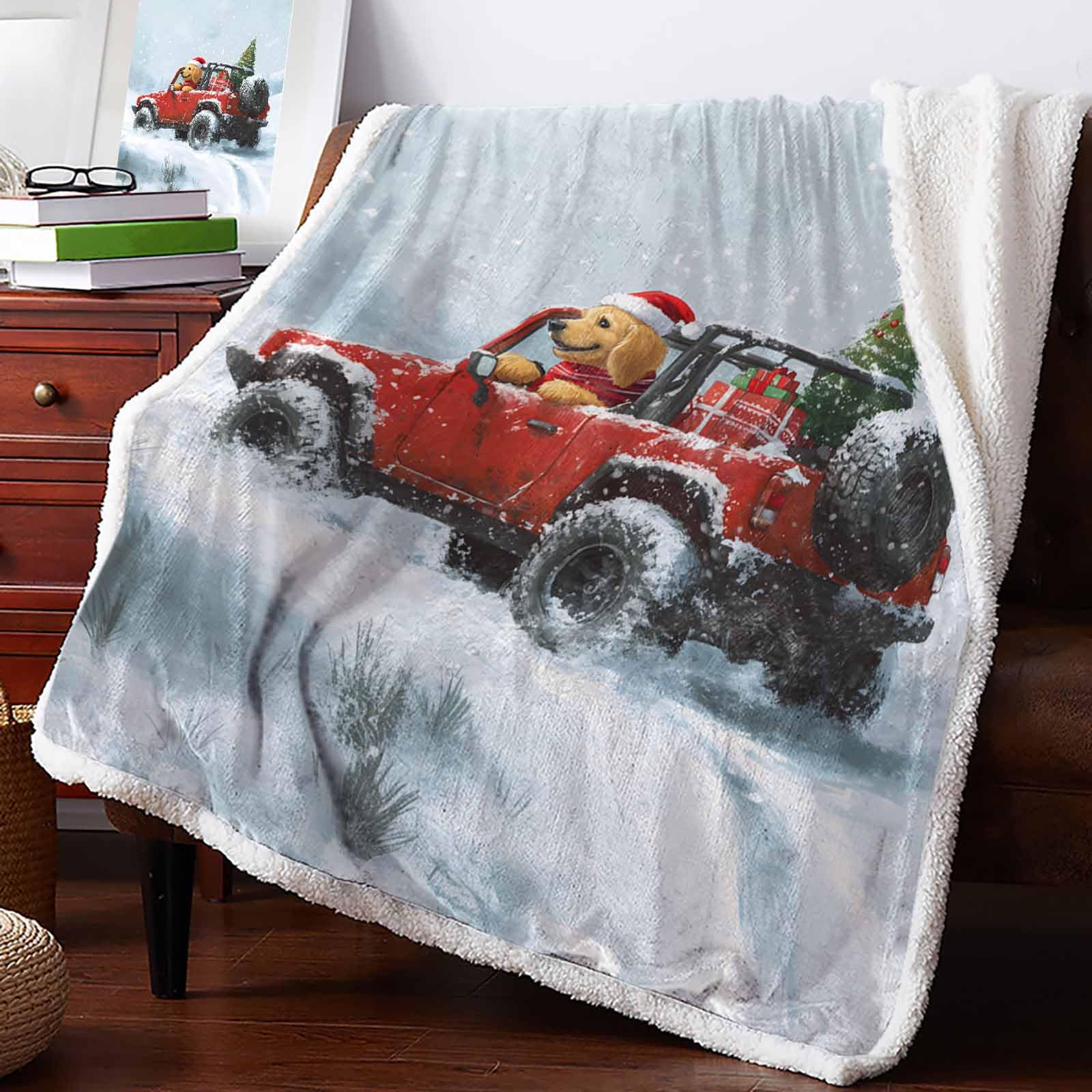 Sherpa Fleece Throw Blanket - Christmas Red Truck with Retriever Dog Design | Ultra Soft Cozy Flannel Blanket for Couch, Sofa & Bed | Farmhouse Snowy Scene White Fuzzy Warm Blanket (59x79 inches) | Perfect for Winter Nights, Gift Giving & Home Decor