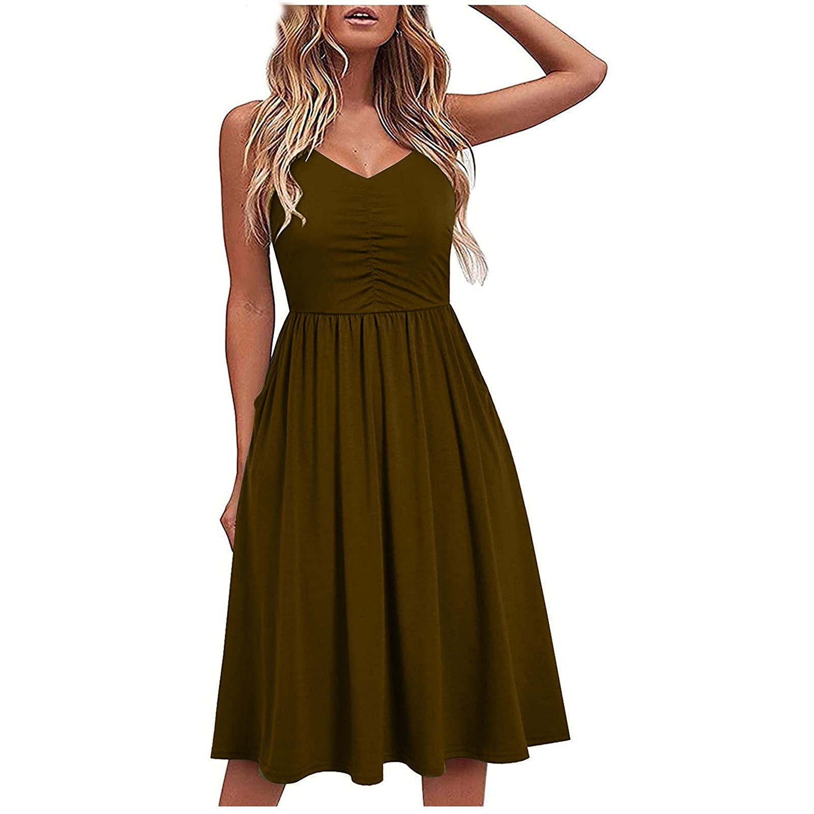 BLVB 2022 Women's Summer Sleeveless V-Neck Casual Dress - Solid Color Beachwear for Seaside Vacation, Party & Daily Wear