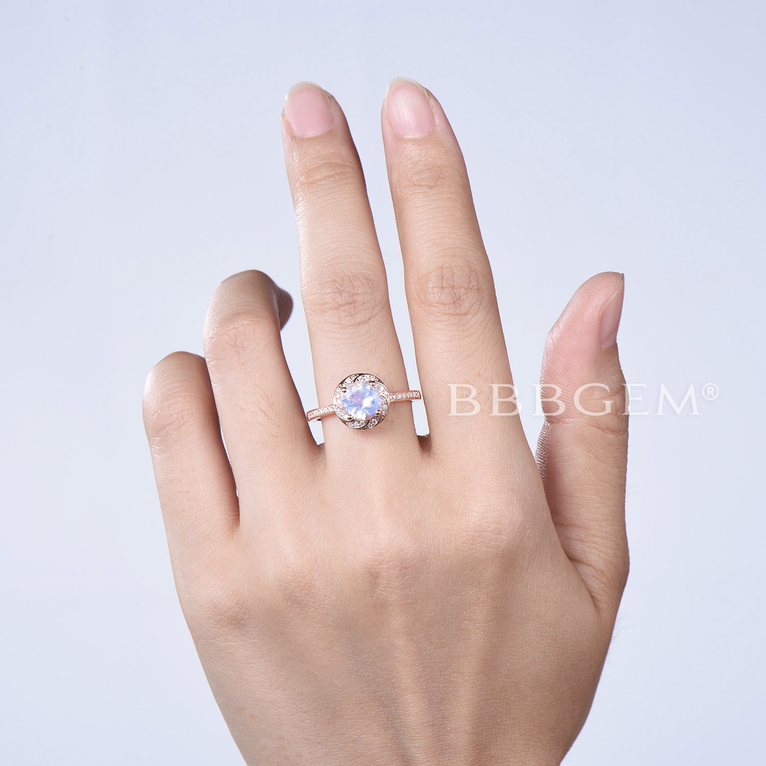 Rose Gold Natural Rainbow Moonstone Engagement Ring with Halo Diamonds - Elegant Wedding Band for Women, Perfect for Proposals, Anniversaries & Bridal Jewelry