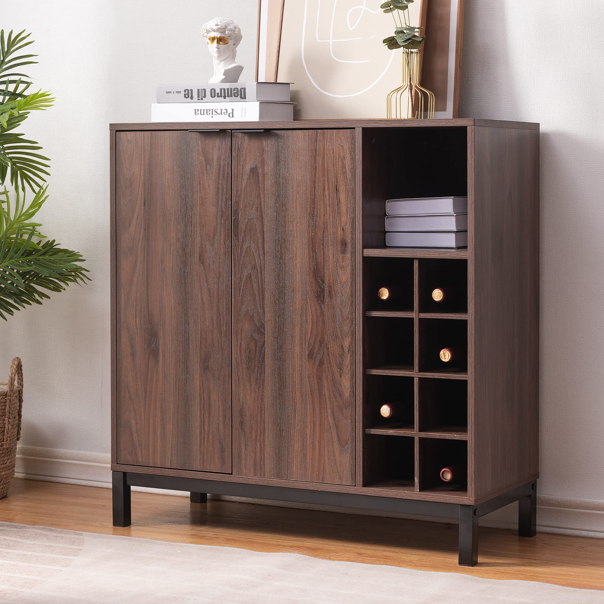Harper & Bright Designs 34 Inch Dark Brown Sideboard Buffet Cabinet with Storage, Wine Racks & Coffee Bar - Perfect for Dining Room, Living Room & Home Office Organization