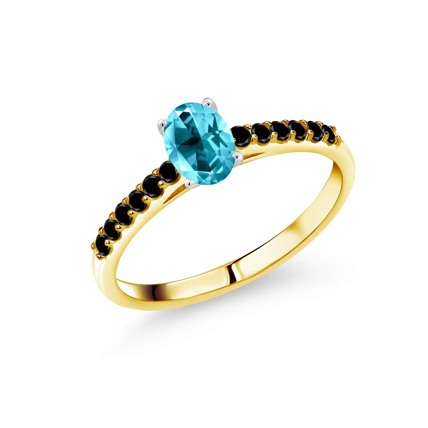 10K Yellow Gold & White Gold Prong Ring with Black Diamond & Paraiba Topaz (0.70 Cttw) - Elegant Jewelry for Women, Perfect for Weddings, Anniversaries & Special Occasions