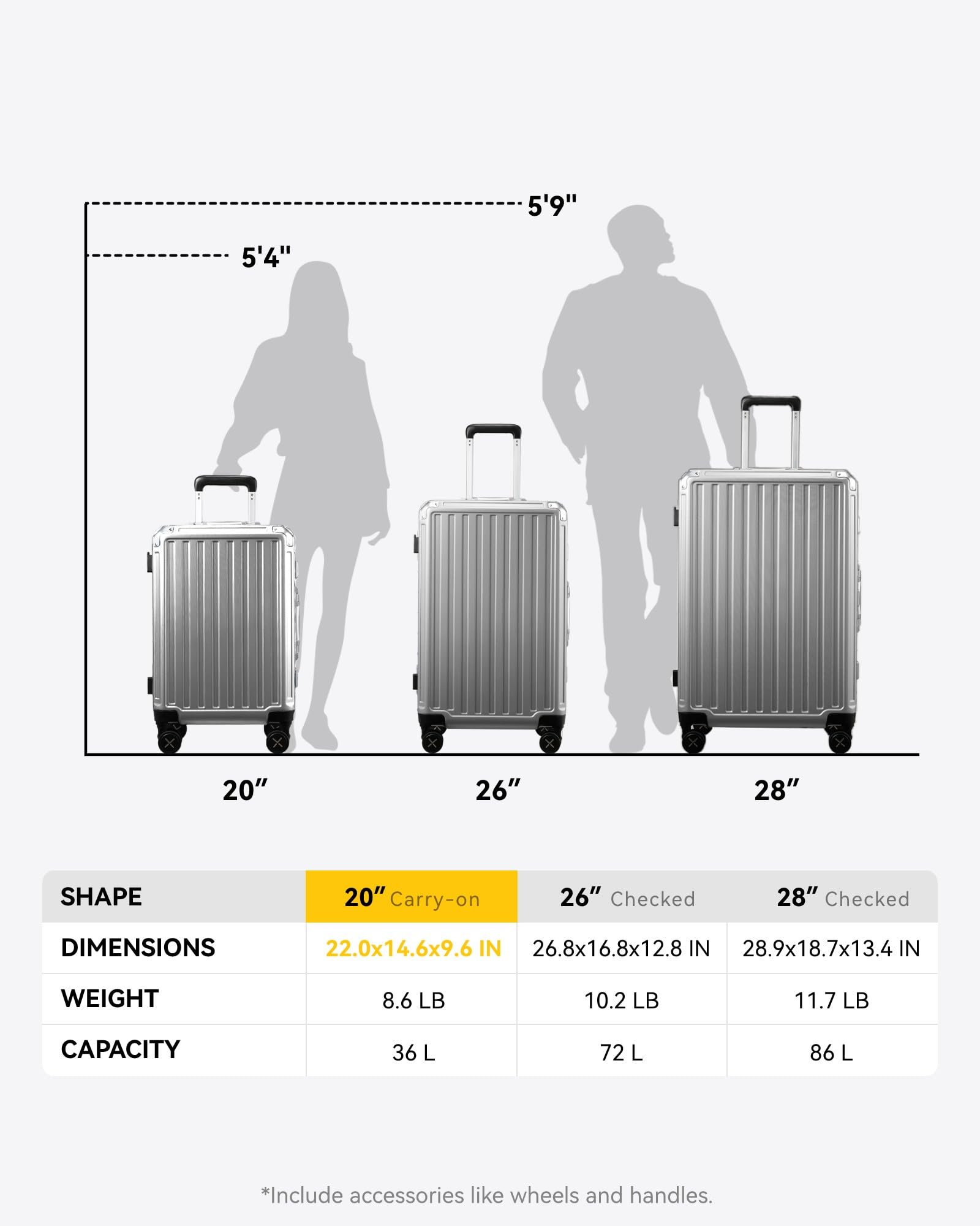 LUGGEX 20 Inch Zipperless Spinner Luggage - Lightweight Polycarbonate Aluminum Hard Shell Carry On Suitcase for Travel (Silver Grey) | Perfect for Business Trips & Weekend Getaways