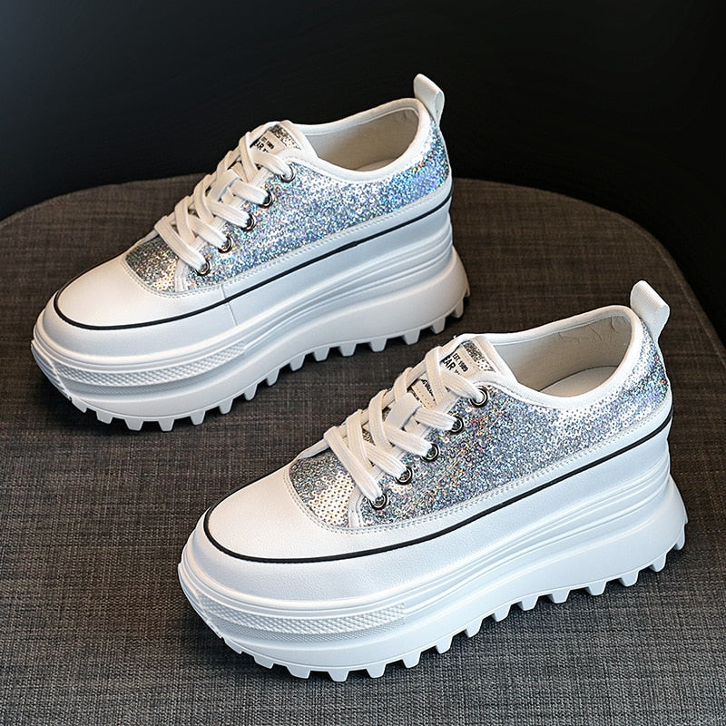 Lovevop 7Cm Women's Casual Shoes - Genuine Leather Platform Wedge Sneakers with Bling Bling for Spring & Autumn | Fashion Chunky Shoes for Daily Wear, Work & Outfits