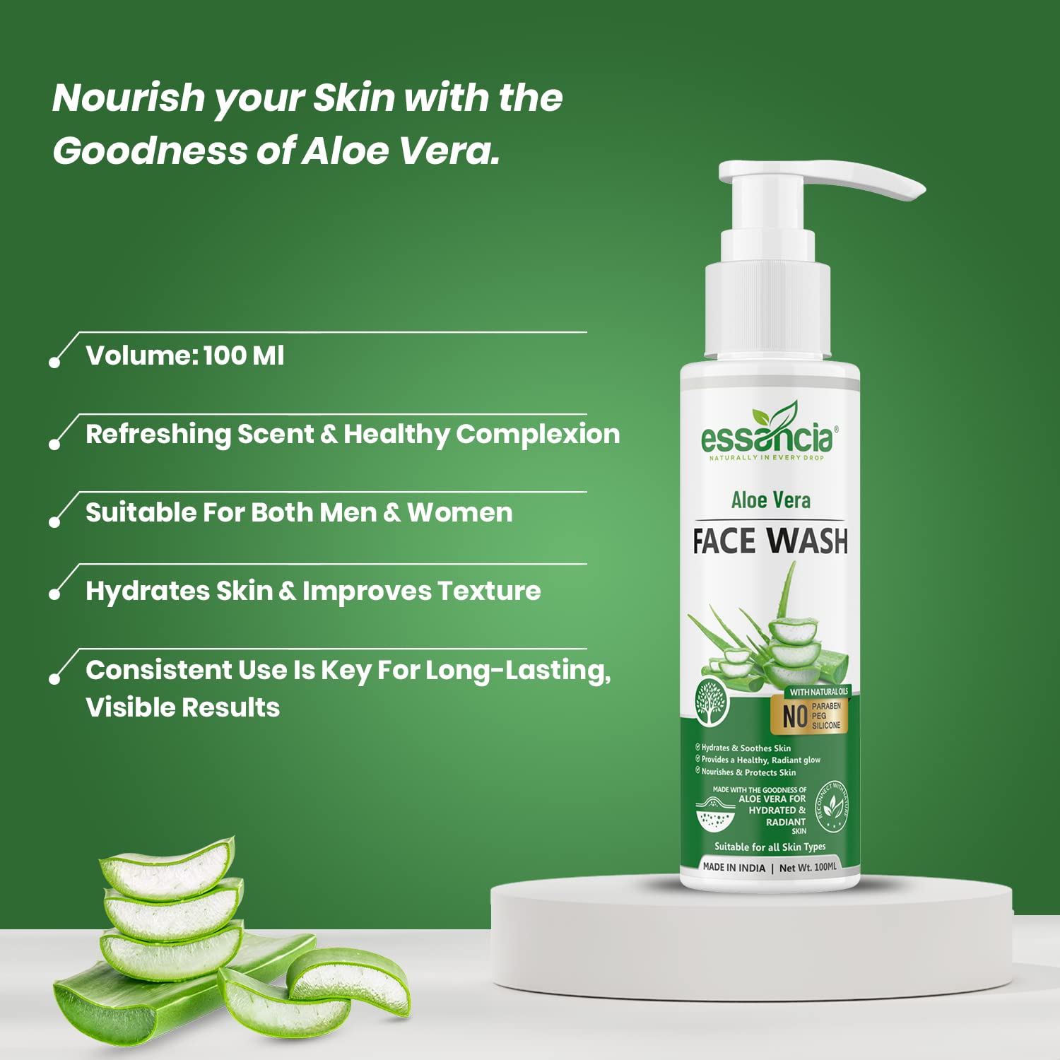Essencia Aloe Vera Face Wash - Gentle Nourishing Cleanser for Healthy Skin | Paraben-Free & Silicone-Free Formula | Suitable for Men & Women (100ml) | Perfect for Daily Skincare Routine & Sensitive Skin Care