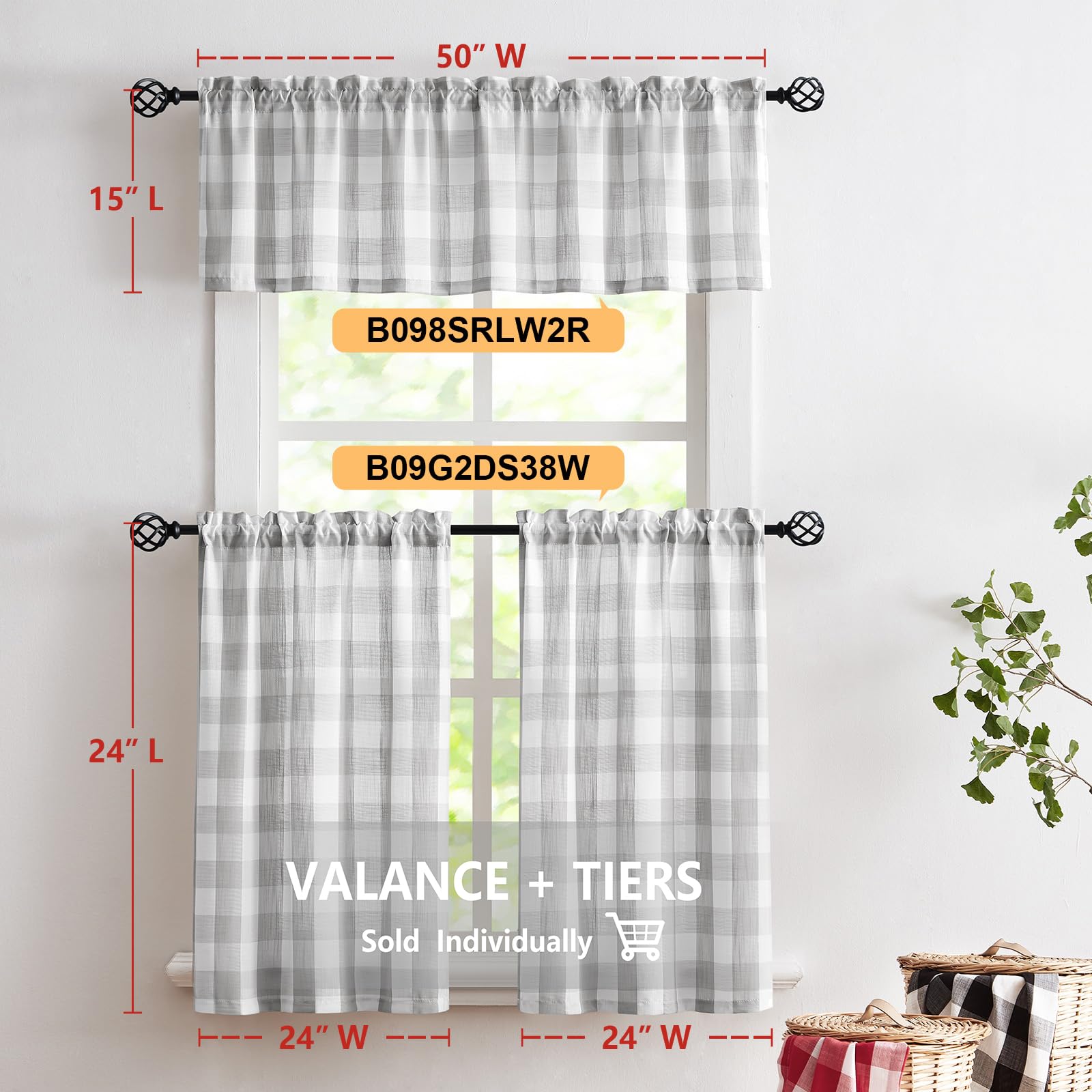 Treatmentex Grey-White Check Kitchen Tier Curtains - 24 Inch Length Semi-Sheer Café Curtains for Windows (27W x 24L, 2 Panels, Rod Pocket) - Perfect for Kitchen, Basement, Laundry Room & Bathroom Decor