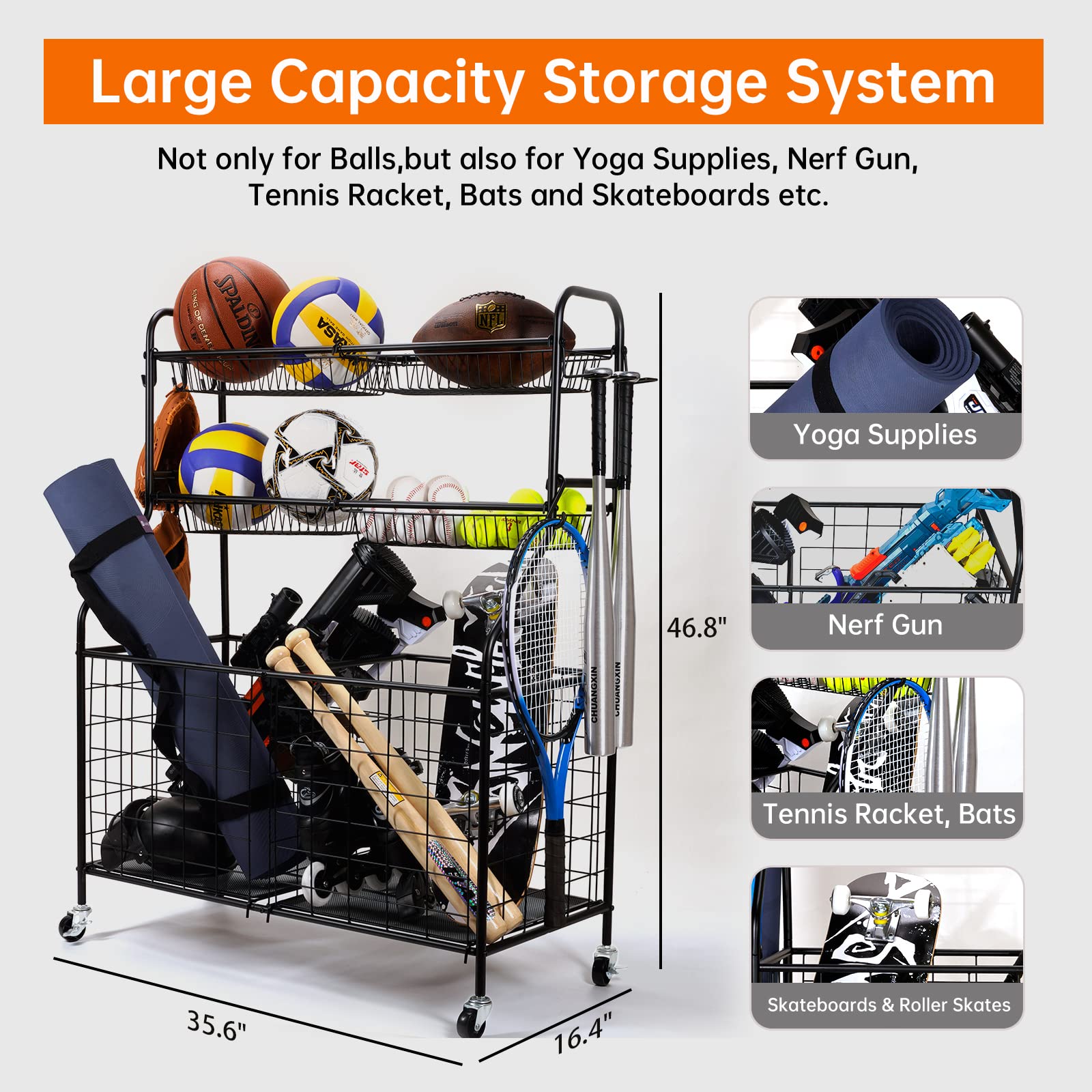 Steel Black Sports Equipment Organizer - Rolling Basketball Rack & Nerf Gun Storage for Garage, Indoor & Outdoor Use - Heavy-Duty Toy & Gear Organization System (WEY007) - Perfect for Home Gym, Playroom & Backyard Sports Storage