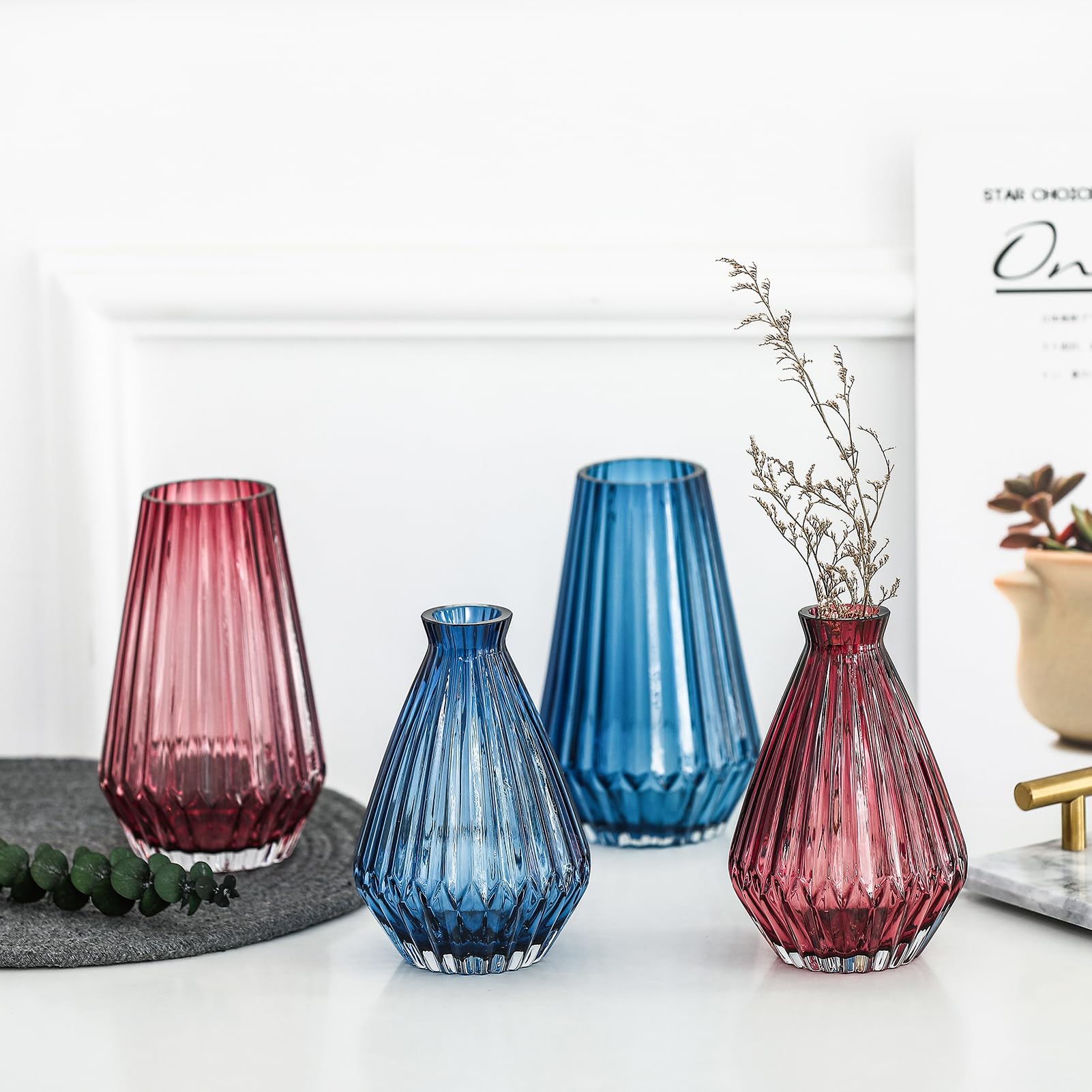 Elegant Red and Purple Glass Flower Vase - Tight Mouth Bud Vase for Home Decor, Centerpieces, Wedding, Living Room, Kitchen & Office - Perfect for Fresh Flowers, Table Arrangements and Gift Giving