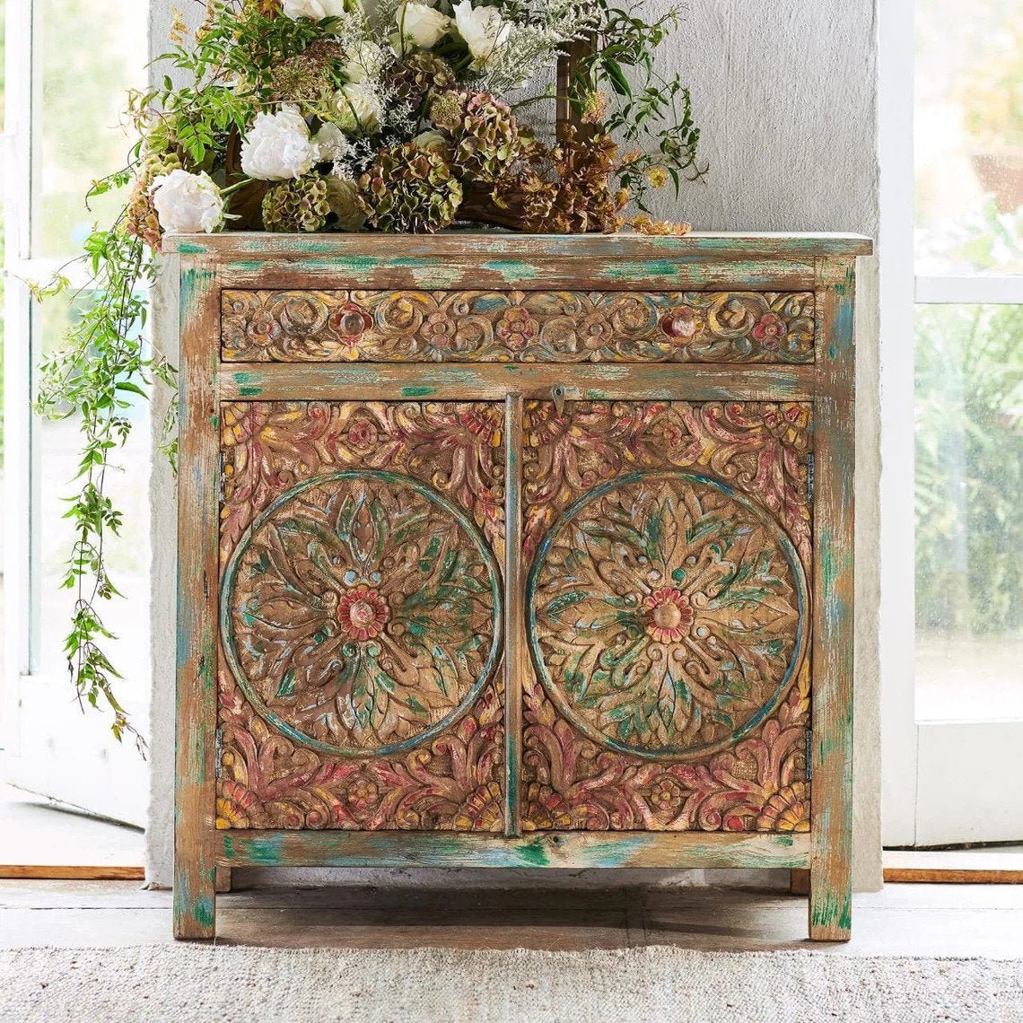 Hand Carved Multicolored Wooden Cabinet with One Drawer & Two Doors - Indian Style Home Decor for Living Room, Bedroom, or Office Storage