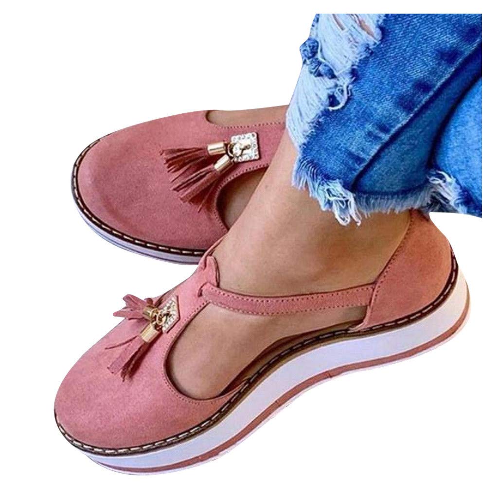 Women's Tassel Flats with Buckle Strap - Round Toe Platform Sandals for Walking & Casual Wear - Thick Bottom Comfort Shoes for Everyday Use, Work, and Travel