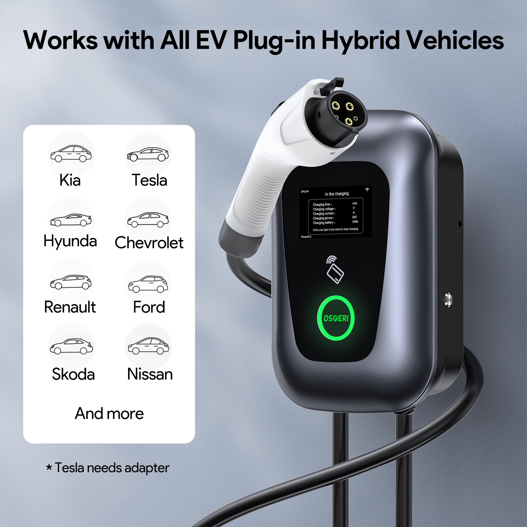 Osoeri 48A Level 2 Smart EV Charger - 240V 11.5KW J1772 Electric Vehicle Charging Station with APP Control & RFID Cards - NEMA 4 Rated Indoor/Outdoor - 24ft Cable - Perfect for Home, Office & Public Parking Charging Needs