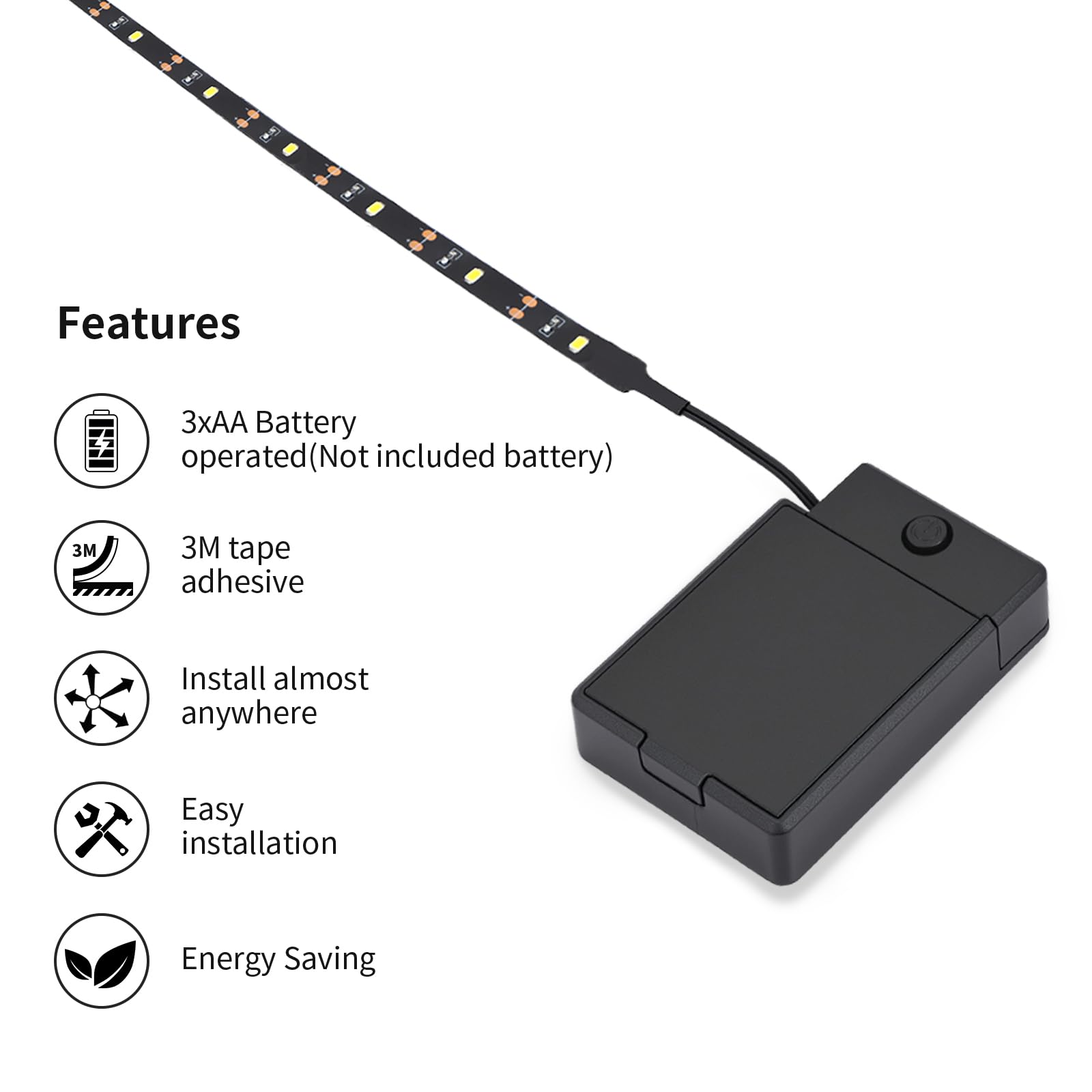 Battery Powered LED Strip Lights Under Cabinet - 3 Pack 3000K Warm White Stick-on Kitchen Lighting, Black (Batteries Not Included) - Perfect for Kitchen Countertops, Closets, Bookshelves and DIY Home Decor