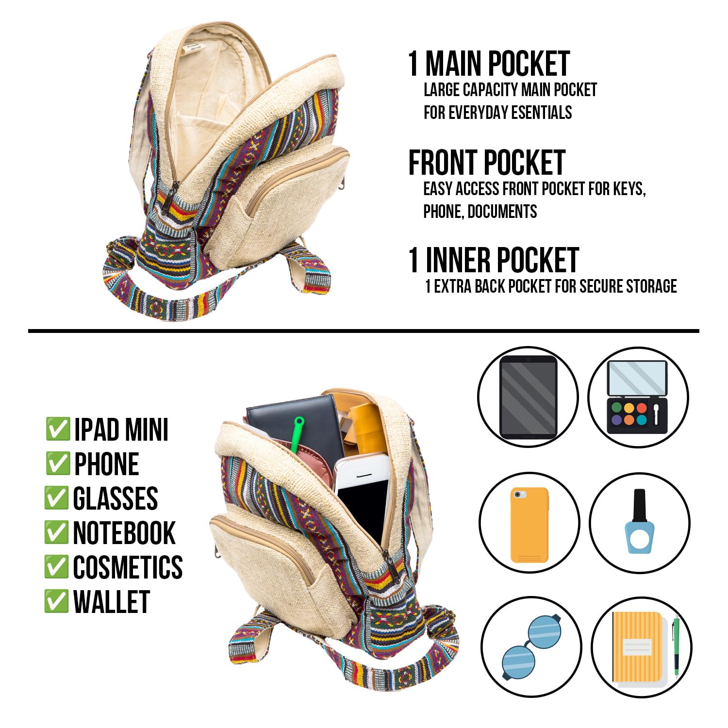 Lightweight Hemp Backpack Purse for Women - Casual Travel Daypack for Daily Use