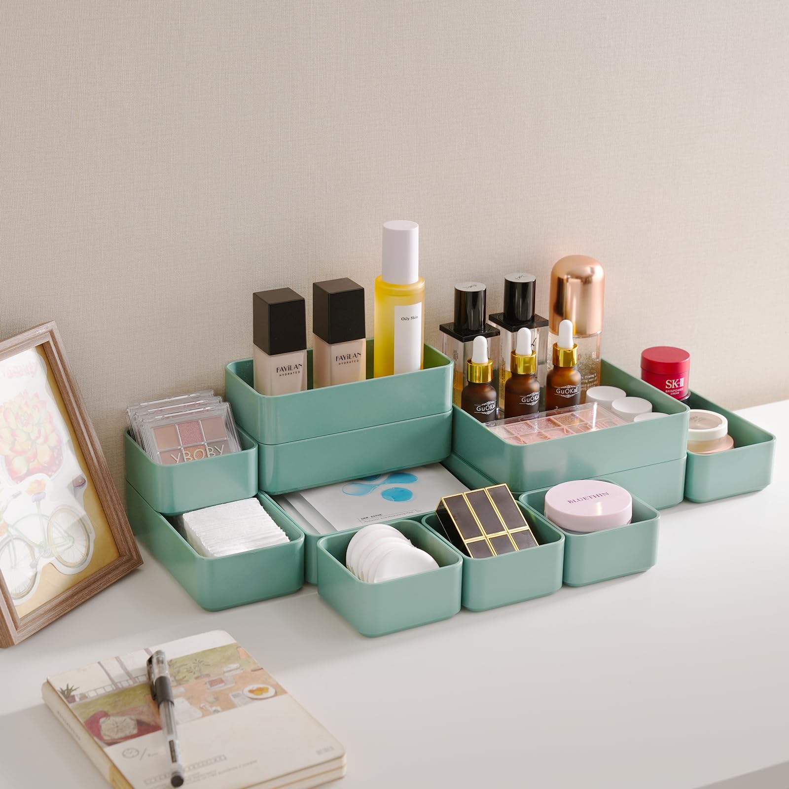 11-Piece Stackable Drawer Organizer Set - Multi-Size Desk & Vanity Storage Bins for Makeup, Stationery, Utensils - Perfect for Bathroom, Dresser, Office & Kitchen Organization