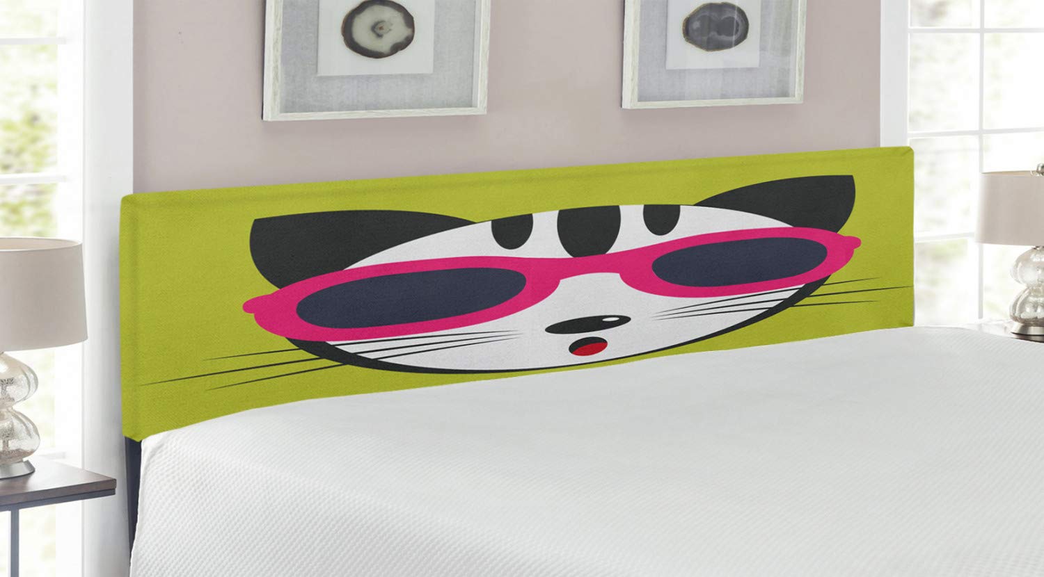 Ambesonne King Size Upholstered Metal Headboard with Memory Foam - Cool Modern Hipster Cat Design Featuring Kitten in Pink Sunglasses, Multicolor Pet Art for Bedroom Decor | Perfect for Contemporary, Bohemian & Animal Lover's Home