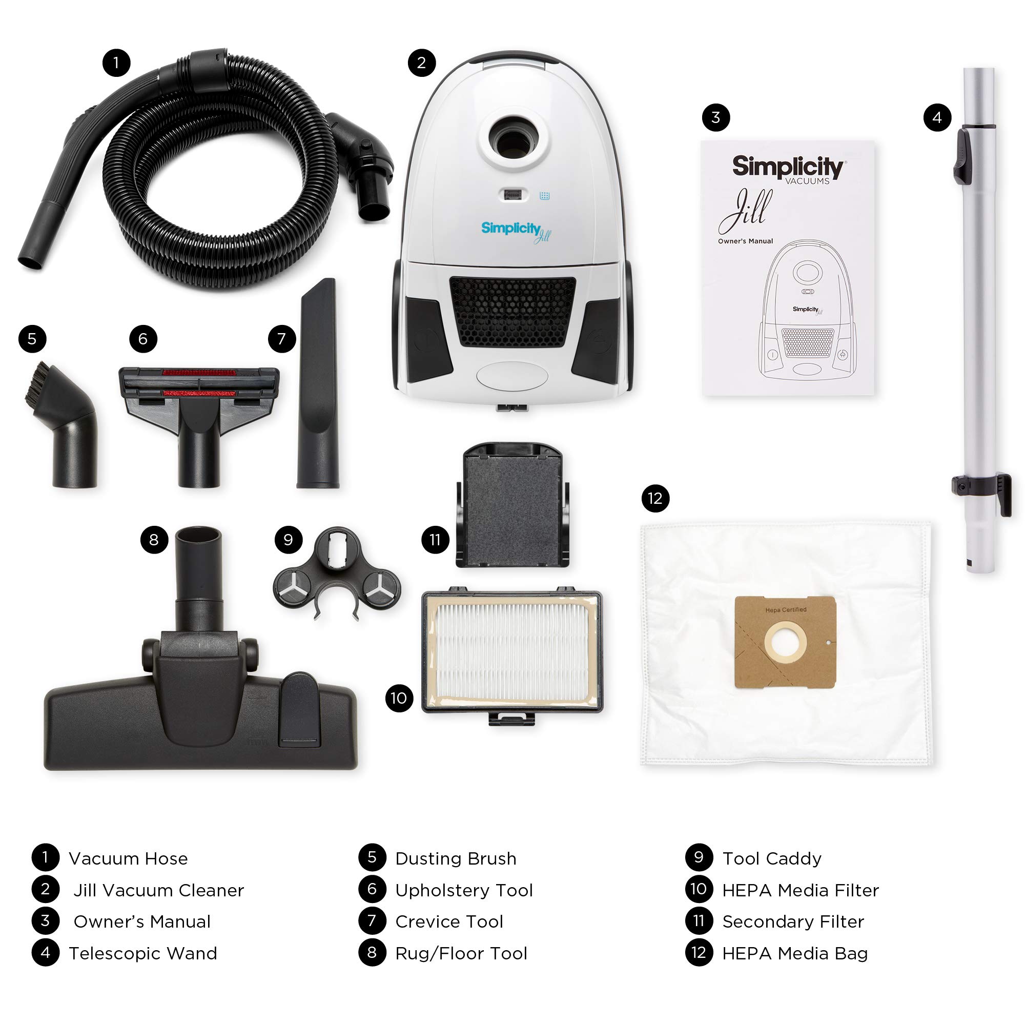 Simplicity Jill Compact Canister Vacuum Cleaner for Hardwood Floors & Rugs - HEPA Filtration, Bagged System - Perfect for Pet Hair, Dust & Allergen Removal in Homes & Apartments