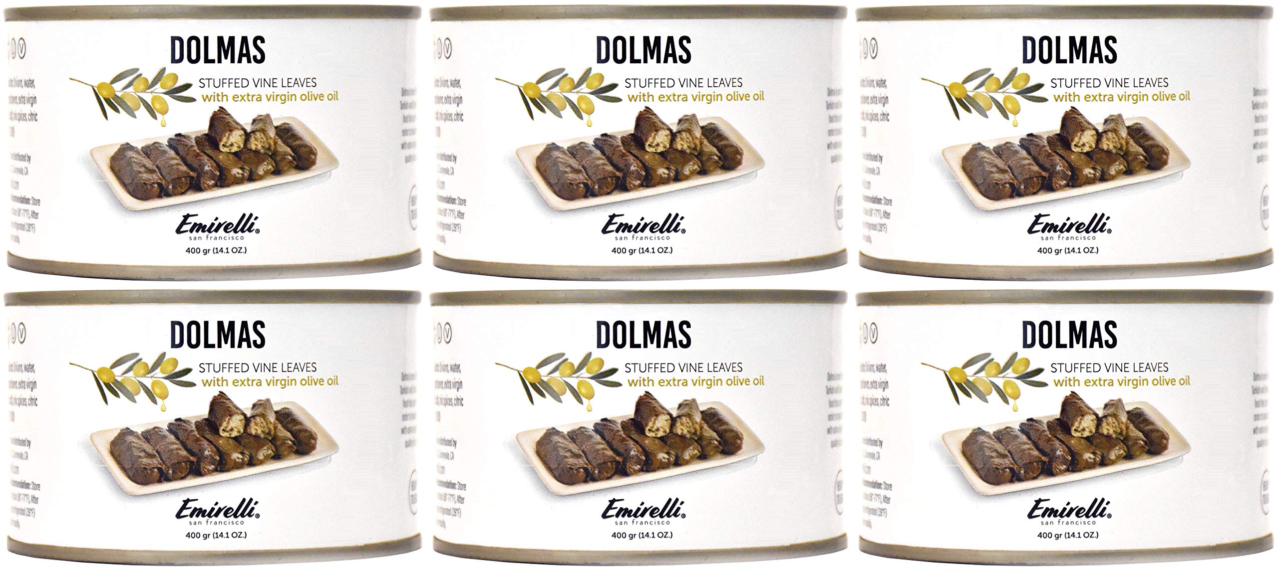 Emirelli Dolmas Stuffed Grape Leaves with Rice & Mediterranean Herbs in Extra Virgin Olive Oil – Ready-to-Eat Vegan Dolmades (14oz, Pack of 6) | Authentic Turkish Recipe | Perfect for Picnics, Parties & Mediterranean Diet Meals