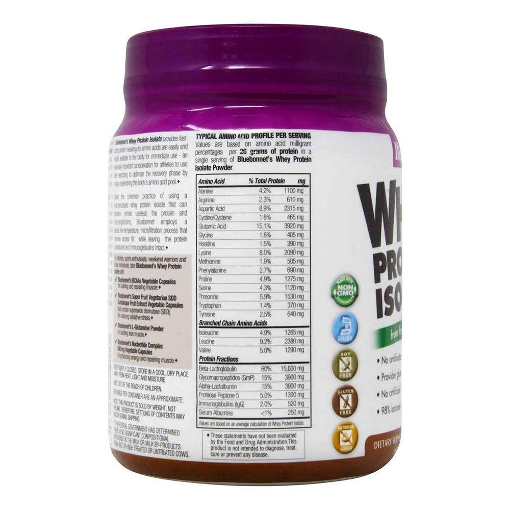 Bluebonnet Nutrition Whey Protein Isolate Powder from Grass-Fed Cows - 26g Protein, No Sugar Added, Gluten Free, Soy Free, Kosher Dairy - 1 Lb (14 Servings) Chocolate Flavor for Post-Workout Recovery & Muscle Building