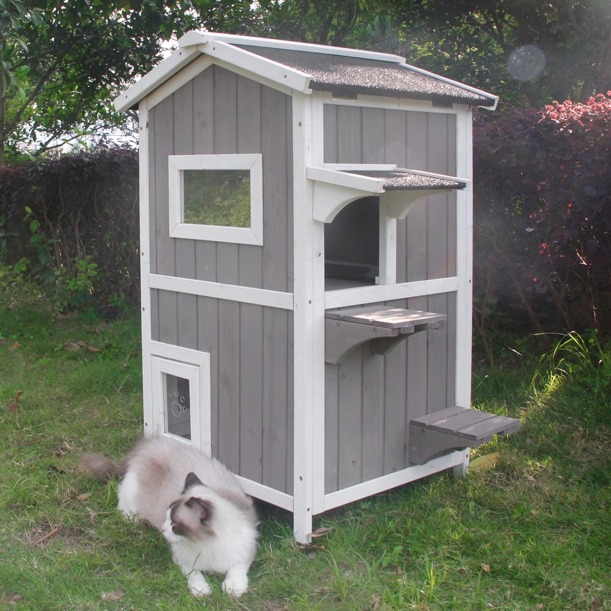 Waterproof Wooden Cat House for Indoor & Outdoor Use - 2 Story Kitty Condo with Escape Door - Perfect for Backyard, Patio, or Living Room Pet Shelter