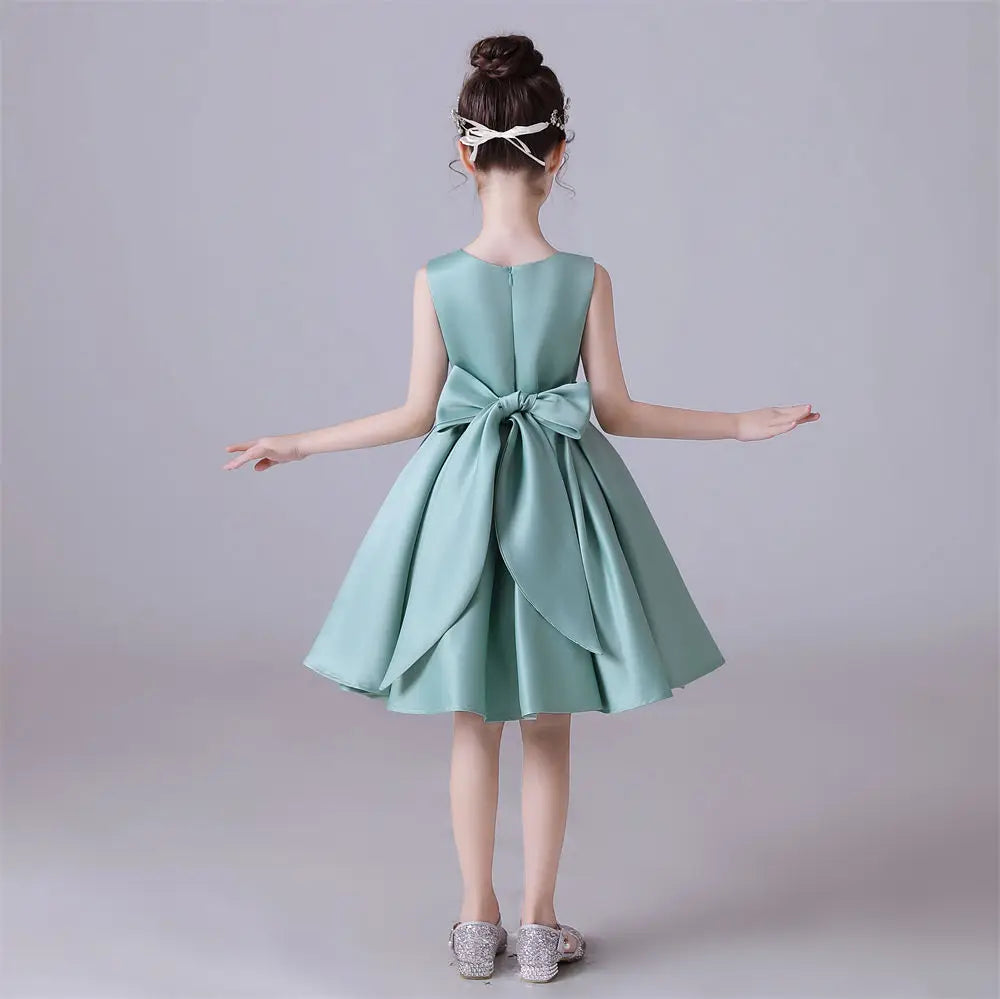 Girls Sleeveless Satin Bow Flower Princess Dress - Elegant O-Neck Party Gown for Birthday, Flower Girl, Pageant & Special Occasions