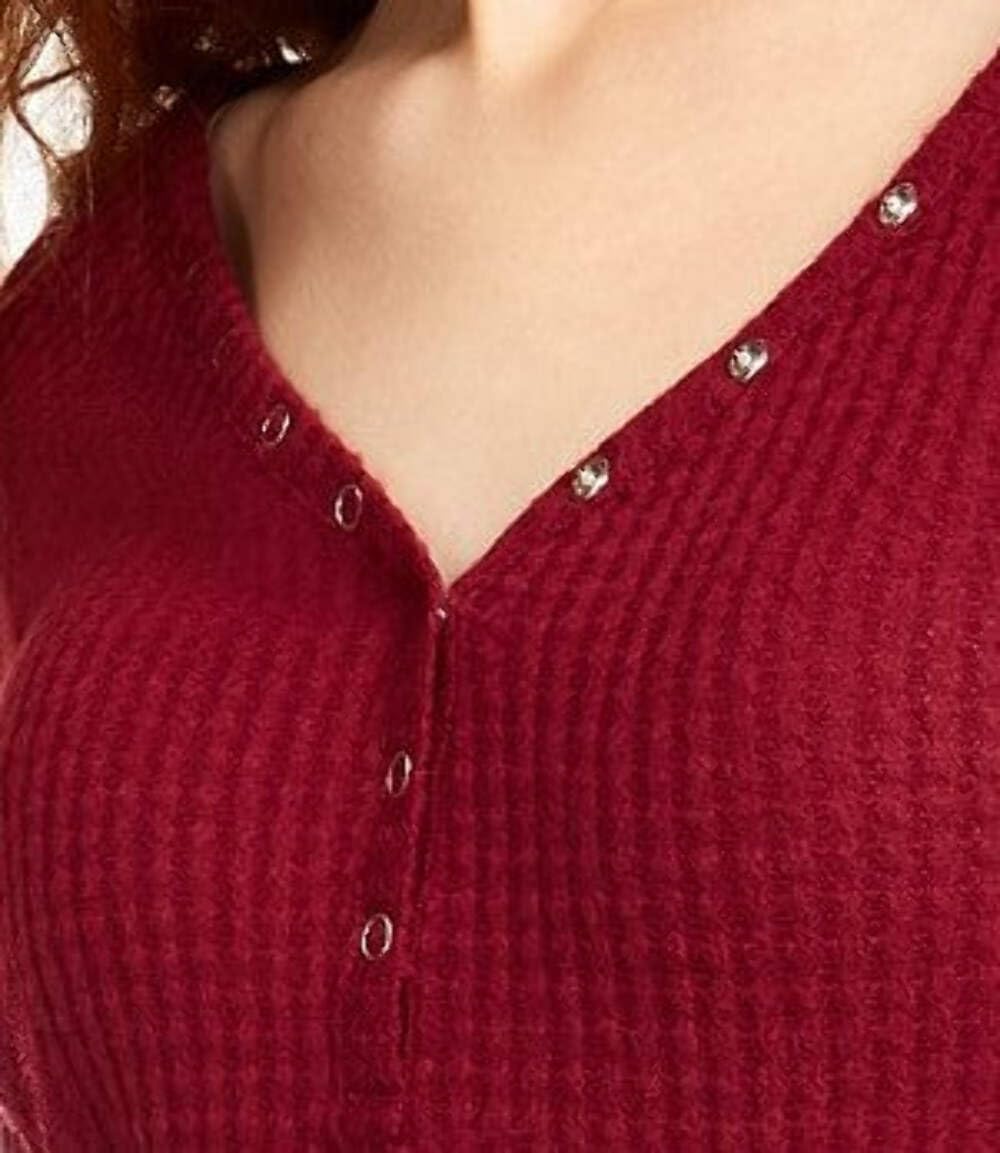 Ultra Flirt Juniors' Cozy Waffle-Knit Henley Top - Red, Size Medium | Soft Long Sleeve Shirt for Women, Girls | Perfect for Fall, Winter, Casual Wear & Layering