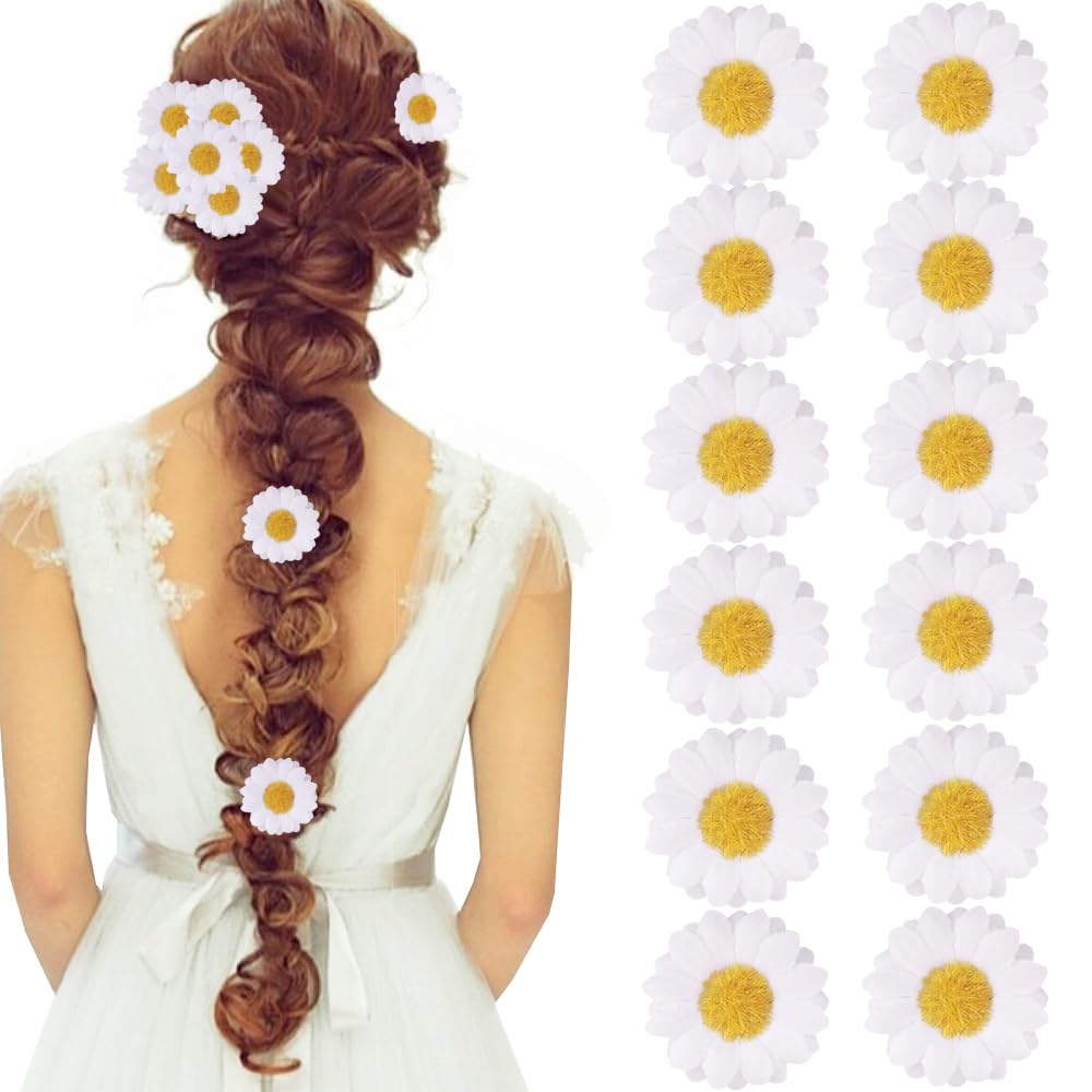 12pcs Women's Multi-Colored Sweet Daisy Hair Clips - Mini Sunflower Hairpins for Bridesmaids, Weddings, Photography & Everyday Use (White)