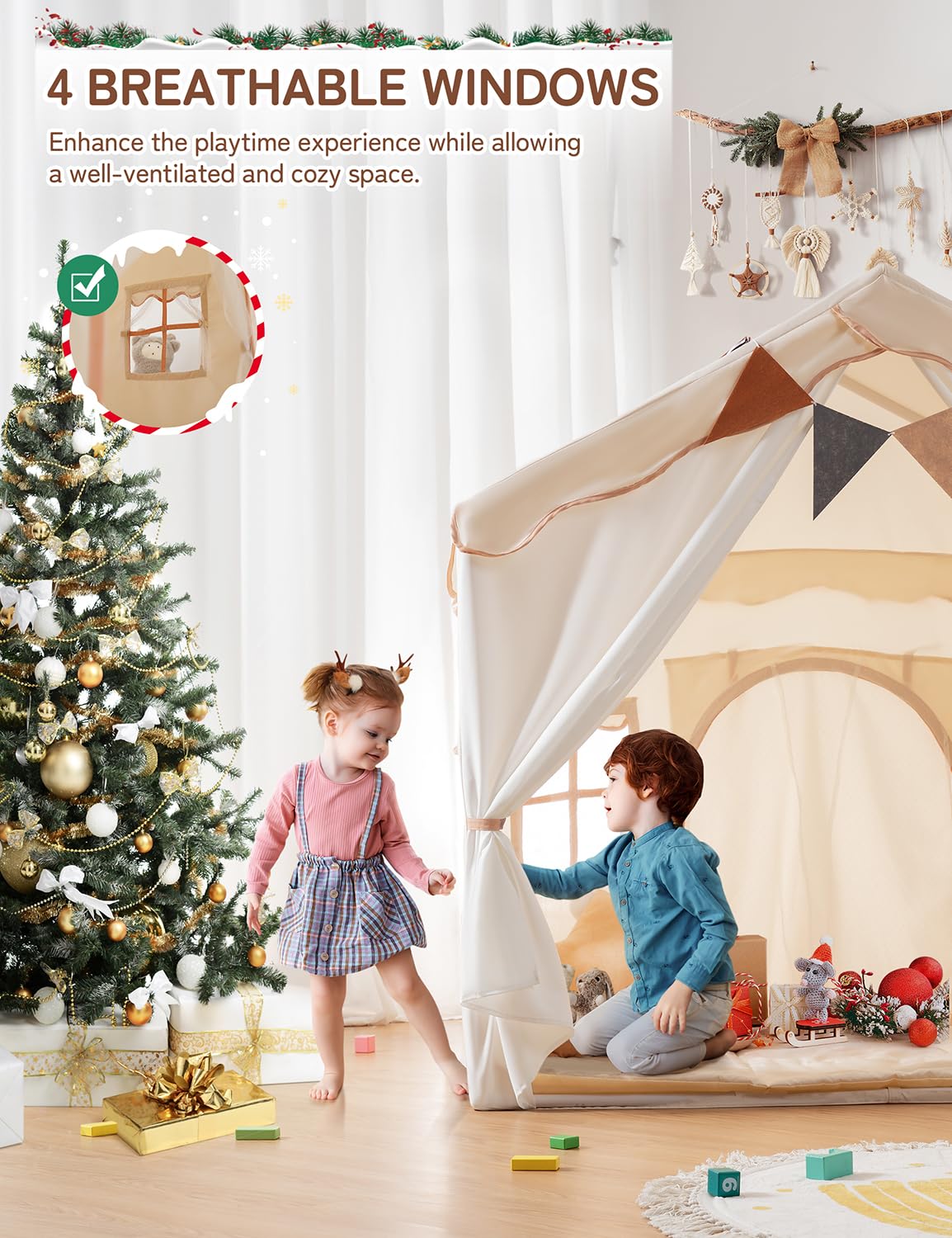 Besrey Kids Play Tent & Playhouse 2-in-1 with Padded Mat & LED Lights - Large Indoor/Outdoor Play Tent with 2 Doors & 4 Windows - 51