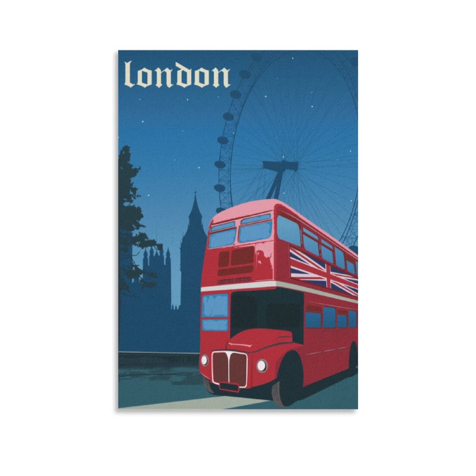 Vintage London Travel Poster - Train, Ferris Wheel & Tree Evening Scene Canvas Wall Art (20x30cm/8x12in) - Home Decor for Living Room, Bedroom & Office | Perfect for British-Themed Interiors & Travel Enthusiasts