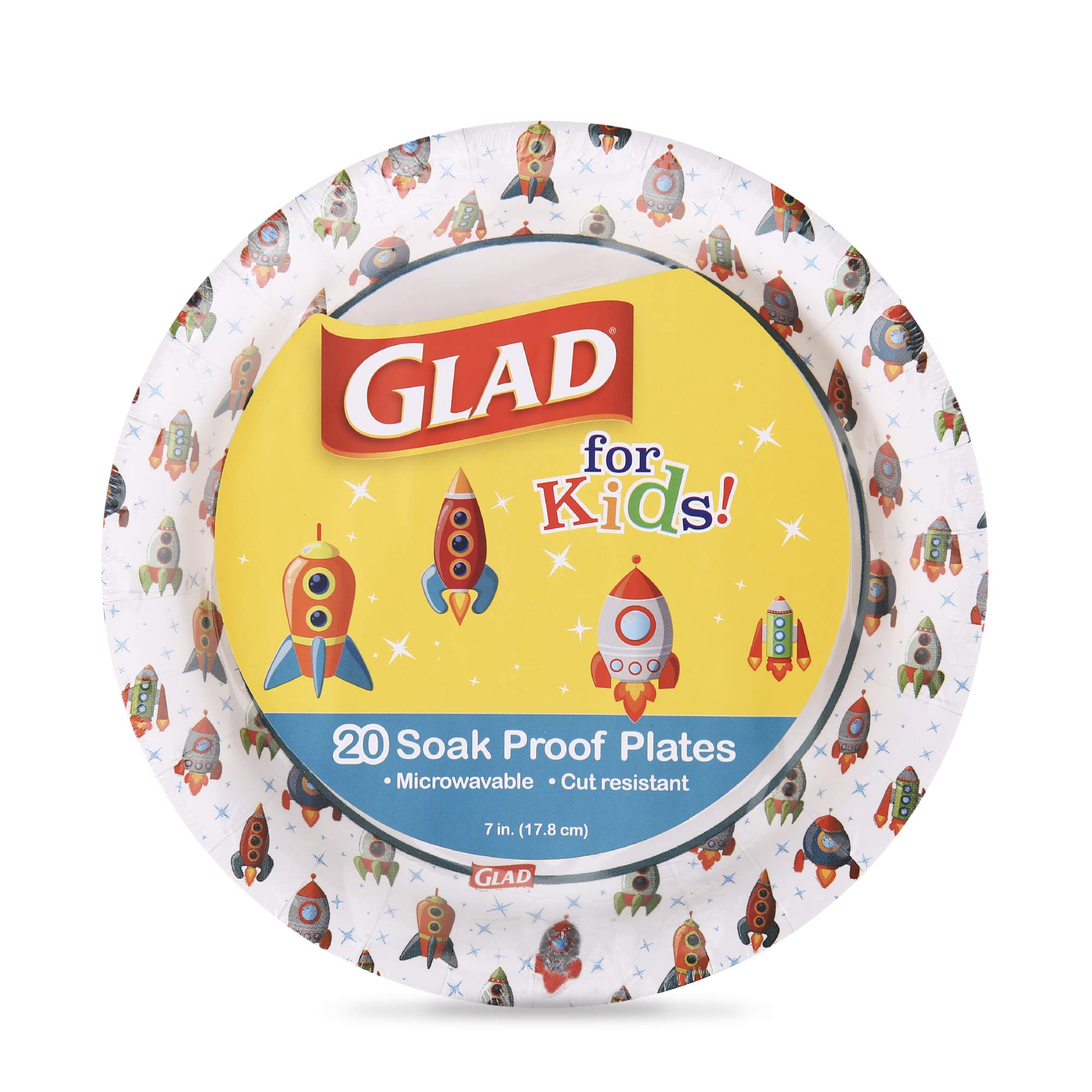 GLAD for Kids 7-Inch Paper Plates | Cute Rocket Design Disposable Plates for Birthday Parties, Picnics & School Lunches | Heavy-Duty, Soak-Proof, Microwavable Round Paper Plates (20 Count) - Perfect for Kids Meals, Snacks & Party Decorations