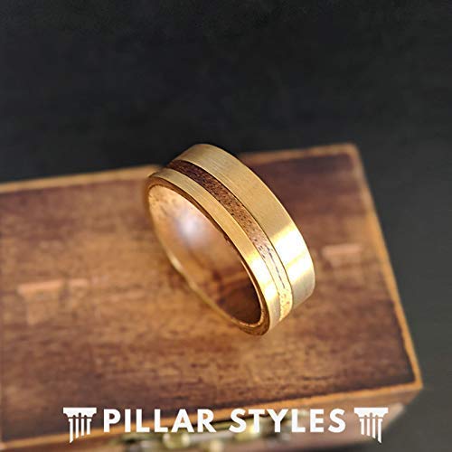 14K Gold Tungsten & Koa Wood Men's Wedding Band - Comfort Fit Viking Ring with Golden Brushed Finish - Perfect for Weddings, Anniversaries & Unique Gifts