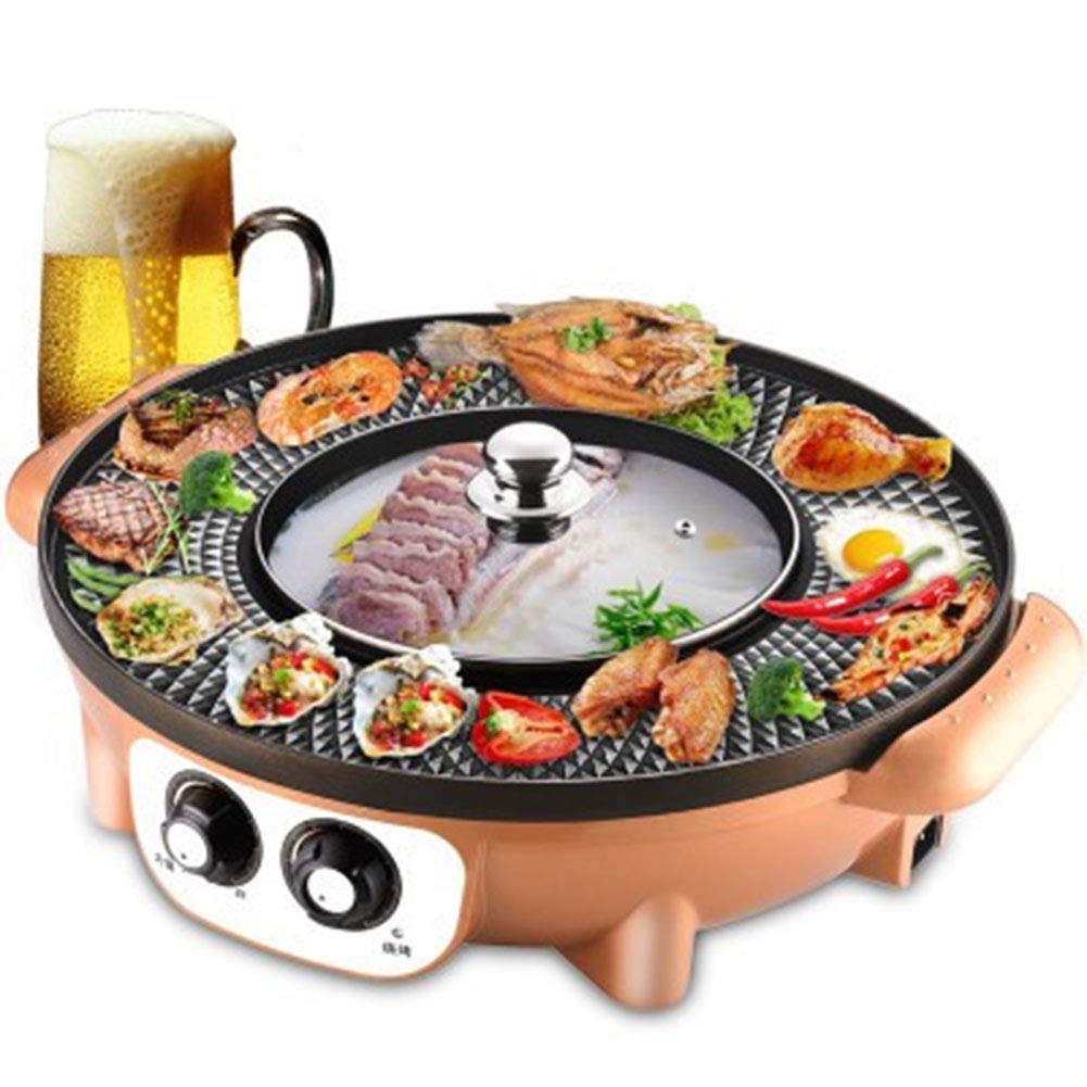 RJMOLU Electric Hot Pot & Grill - 1600W Smokeless Indoor BBQ with Adjustable Temperature Control, Fast Heating Multi-Function Cooker for Shabu Shabu, Fondue, Korean BBQ - Perfect for Family Gatherings & Dinner Parties (Gold)