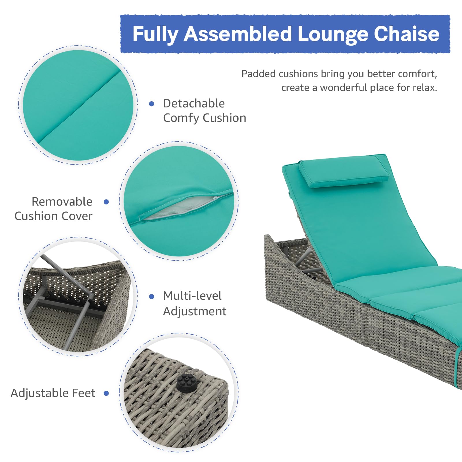 Premium Adjustable Folding Chaise Lounge Chair with Removable Cushion - Patio PE Rattan Recliner for Pool, Beach & Backyard - Fully Assembled Outdoor Furniture (Turquoise) - Perfect for Sunbathing, Relaxing & Poolside Lounging